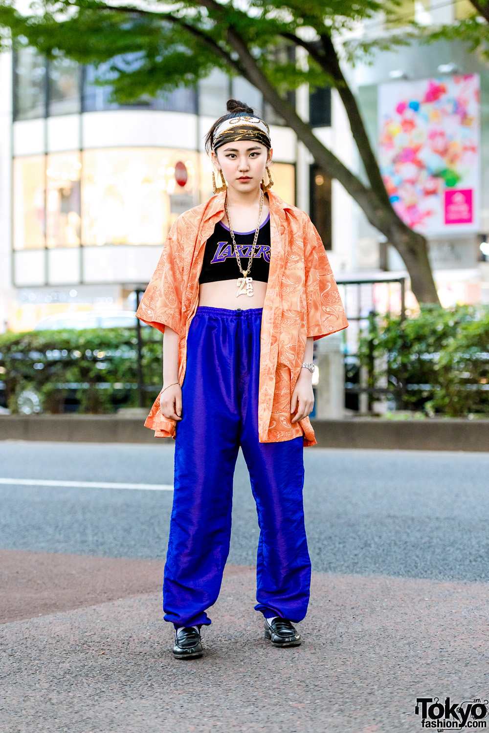 Japanese Resale Street Style w/ Paisley Print Shirt, Lakers Cropped Top, Drawstring Pants, Loafers & Headscarf