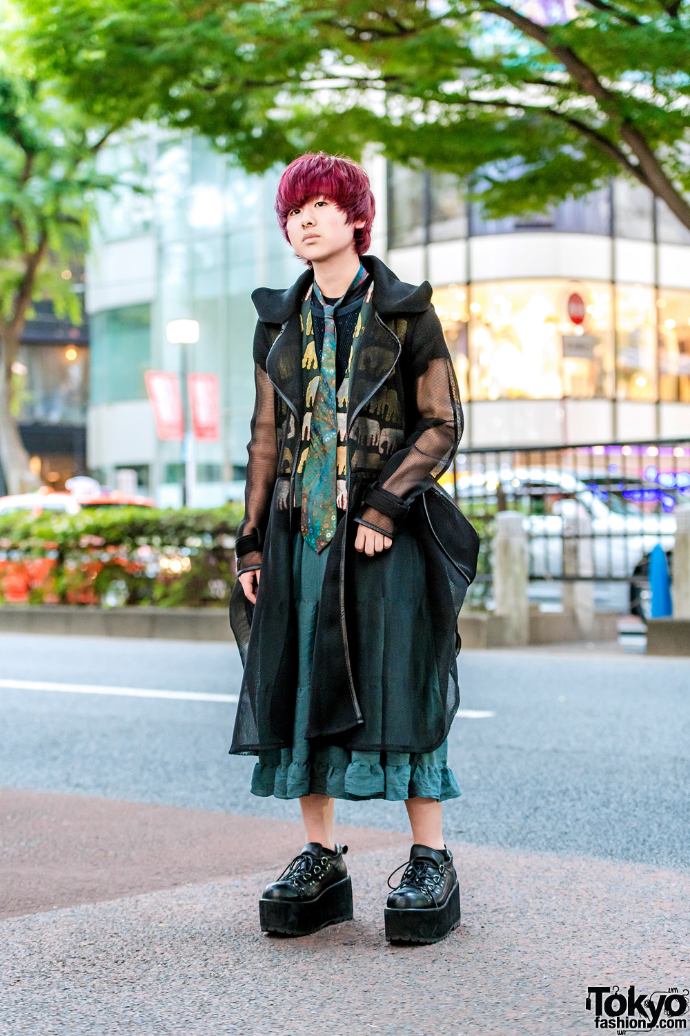 Japanese Streetwear Style w/ Purple Hair, Prega Sheer Coat, Kinji Elephant Vest, Ruffle Skirt & Yosuke Lace-Up Shoes