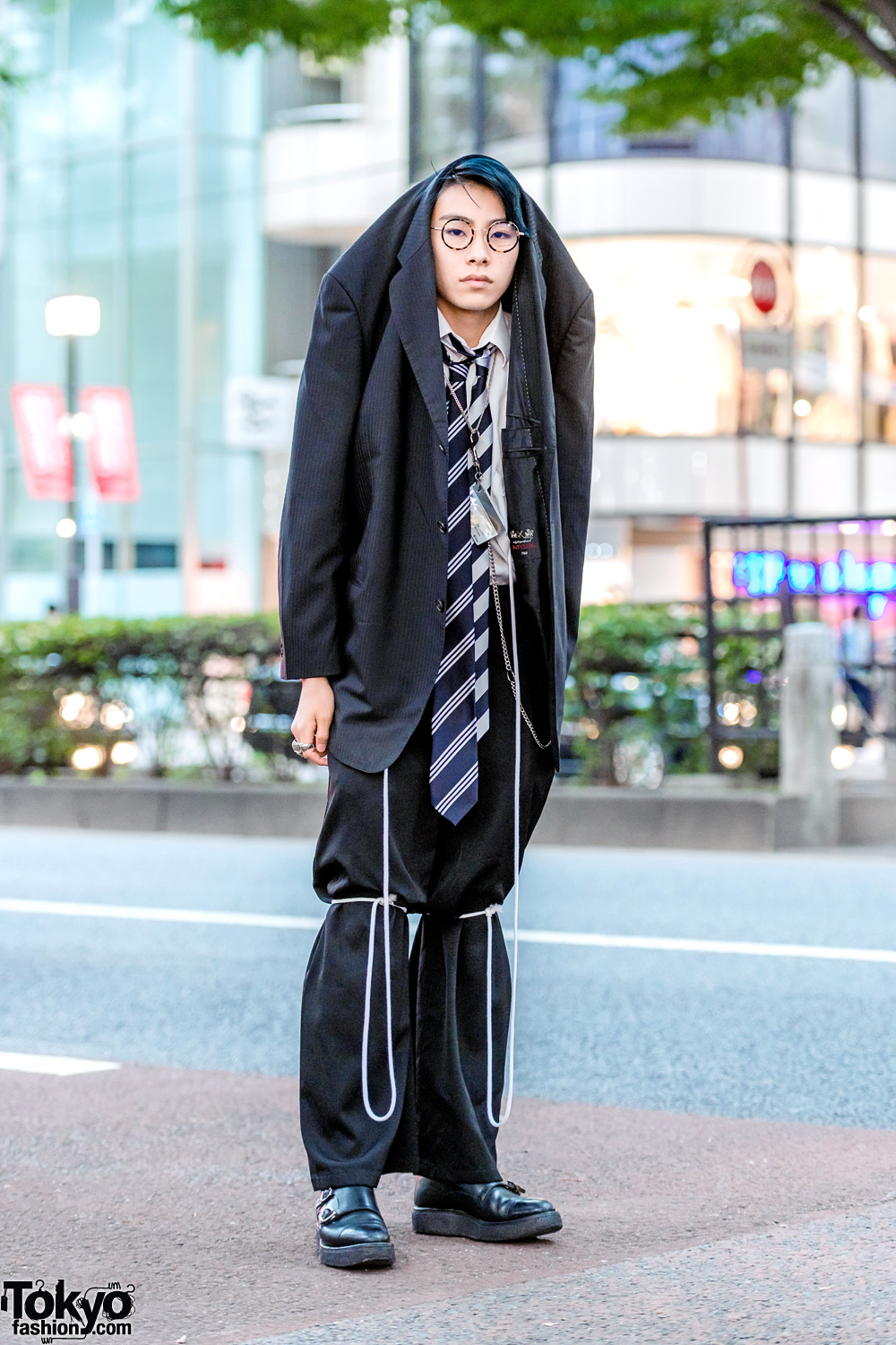 Statement Japanese Menswear Suit Street Style w/ Blazer Worn Over Head, Double Neckties, Yohji Yamamoto & Foot The Coacher