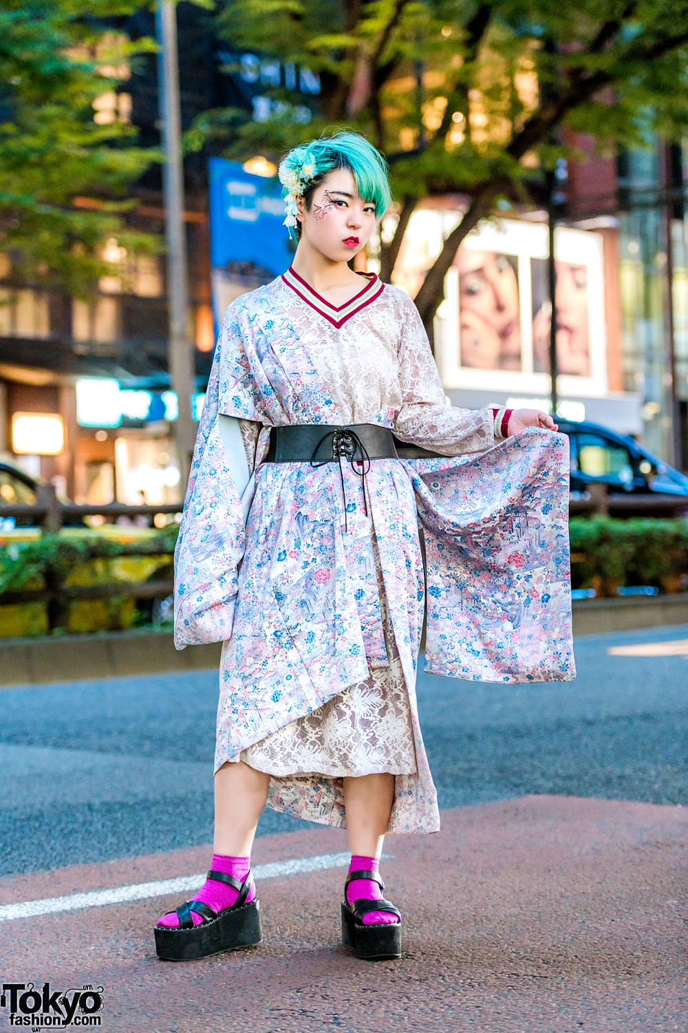 Harajuku Street Style w/ Green Hair, Floral Kimono, WEGO Lace Dress & Takeshita Dori Platform Sandals