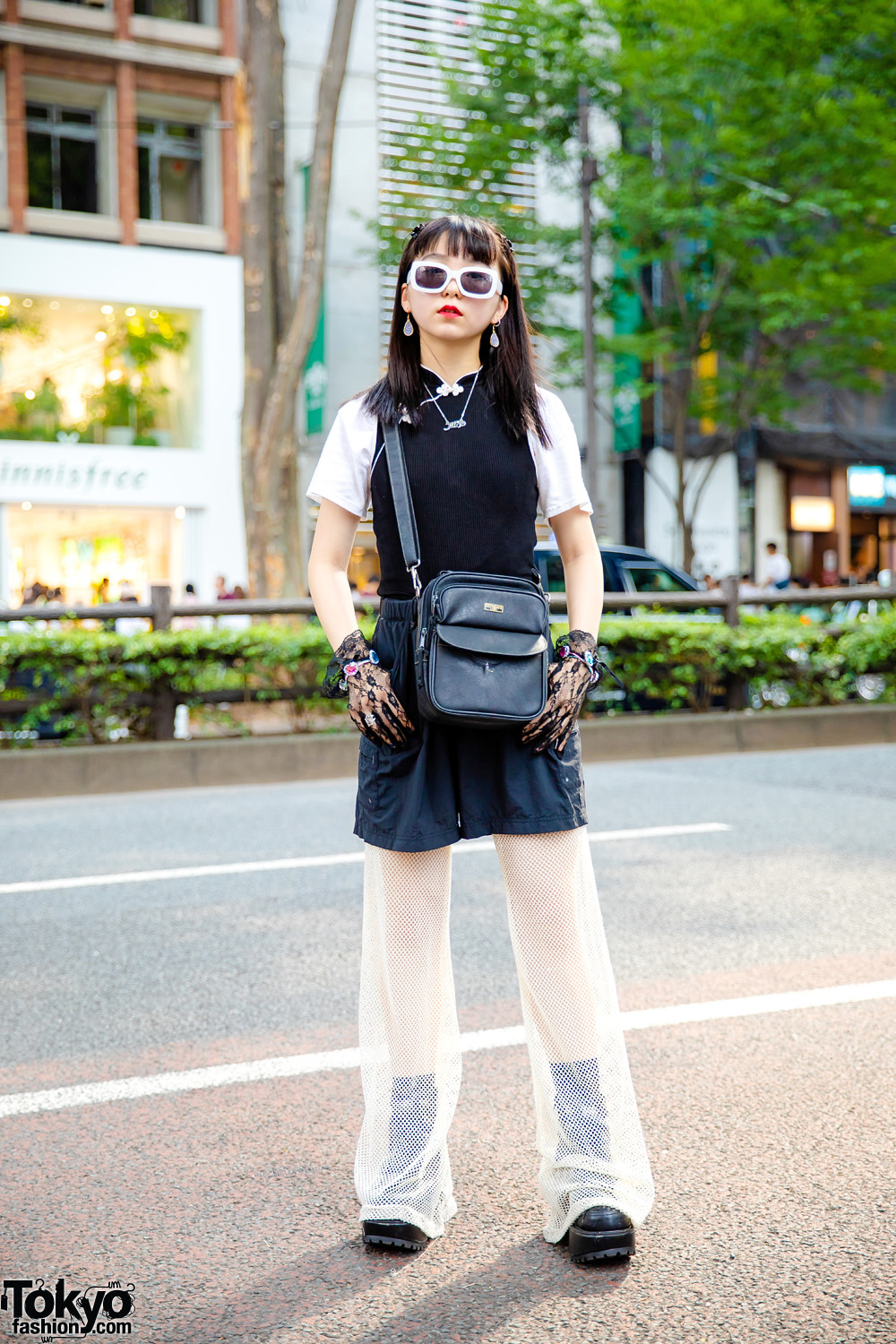 Japanese Layered Monochrome Street Style w/ Forever21 Shirt, Net Pants, Yosuke Boots, Ultimate Label Crossbody Bag & Lace Gloves