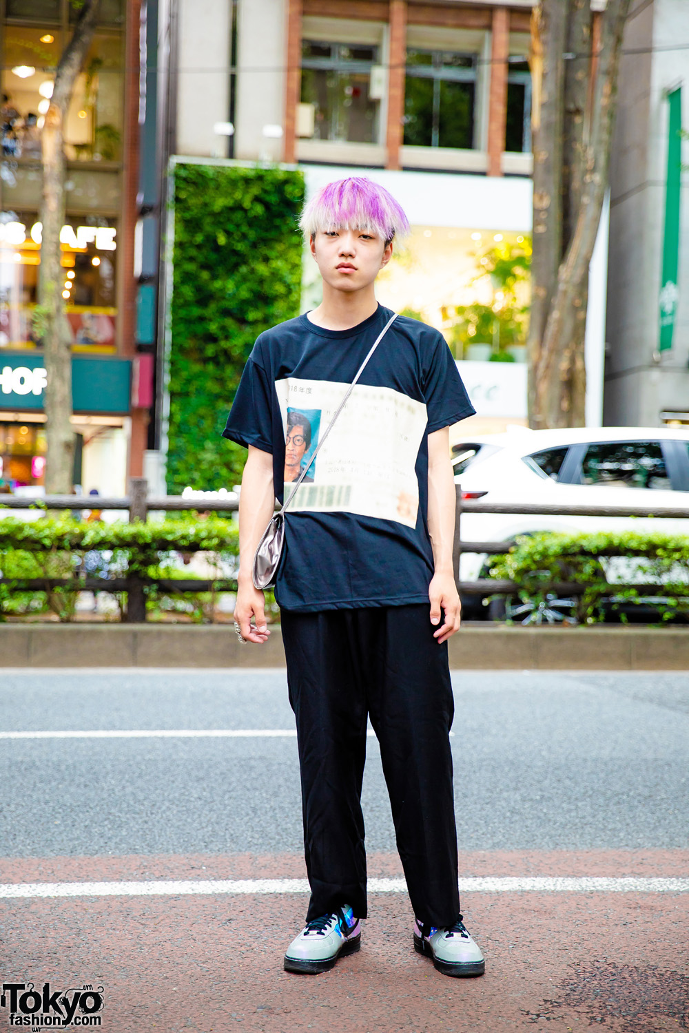 Purple-Haired Harajuku Guy in Casual Streetwear w/ Shirarin T-Shirt, Y's Pants, Nike Sneakers & Kinji Envelope Sling Bag