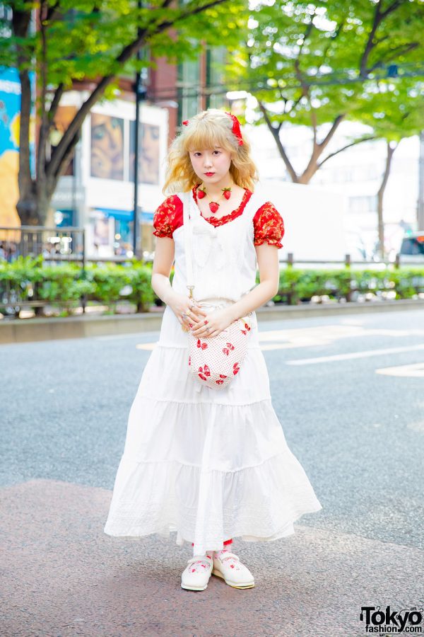 Harajuku Summer Style w/ Pink House Floral Top, Strawberry Necklace, Lace Dress, Baby Doll Shoes & Polka Dot Bag
