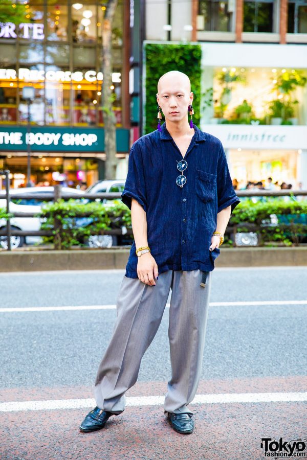 Casual Menswear w/ Isse Miyake Ruched Shirt, Balenciage, YSL Loafers & Tassel Earrings