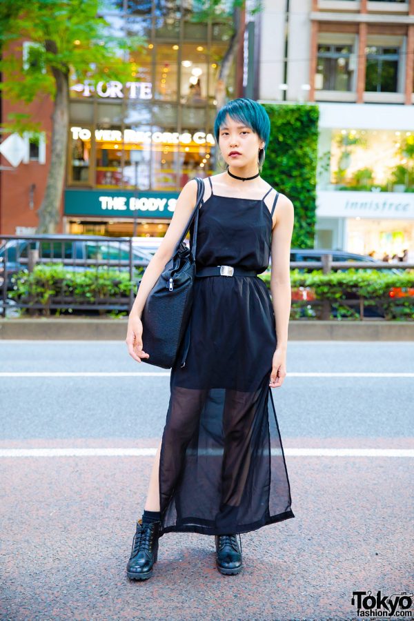 Japanese Streetwear Style w/ Sheer Black Dress, Backs Oversized Bag, Hoop Earrings & Velvet Choker
