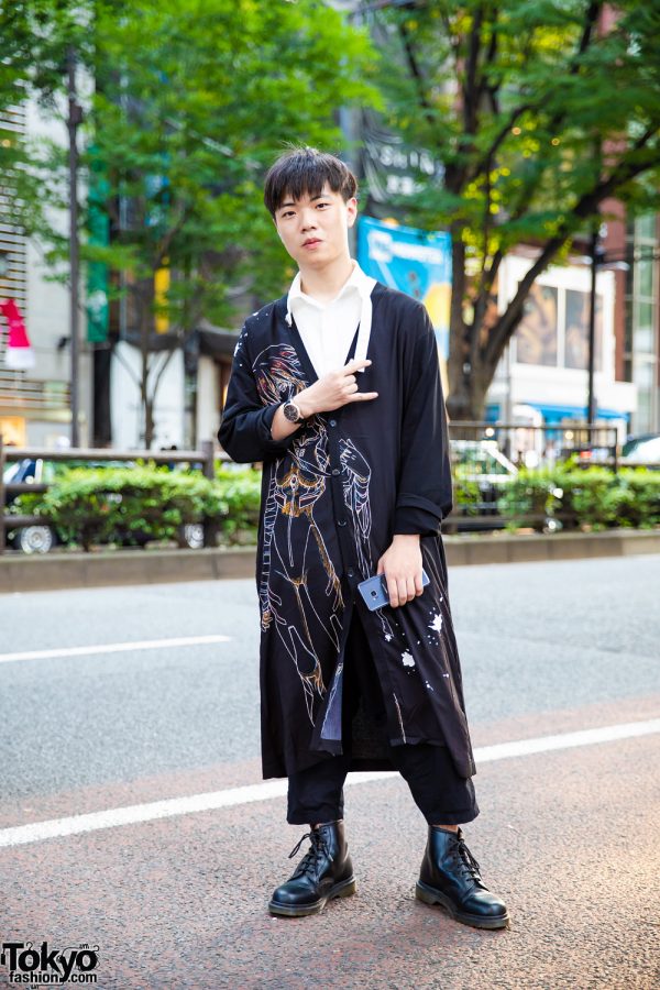 Yohji x Evangelion Printed Cardigan & Black Leather Boots in Harajuku