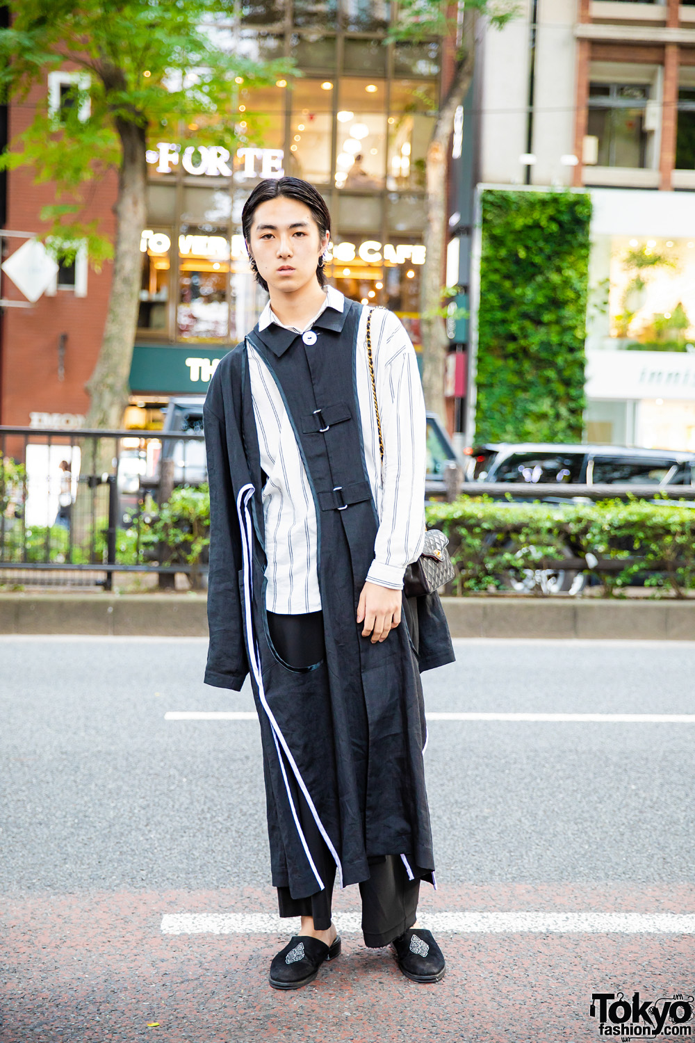 Keisuke Yoshida Coat, Chanel Quilted Bag & Black Suede Slippers in Harajuku