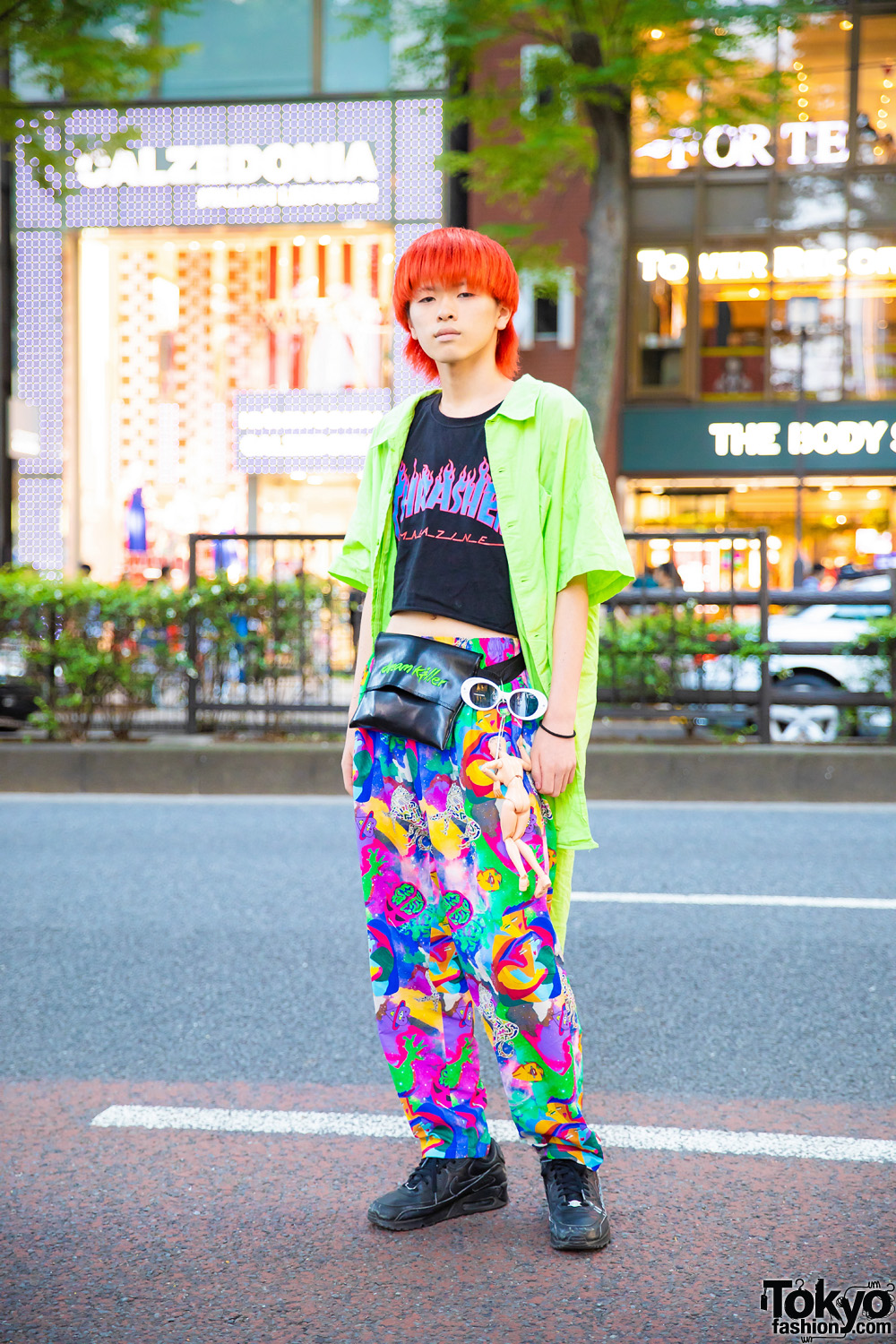 Colorful Harajuku Street Style w/ Orange Hair, Neon Green Shirt, Thrasher Top, Kobinai Printed Pants, Nike Sneakers & Remake Doll Keychain