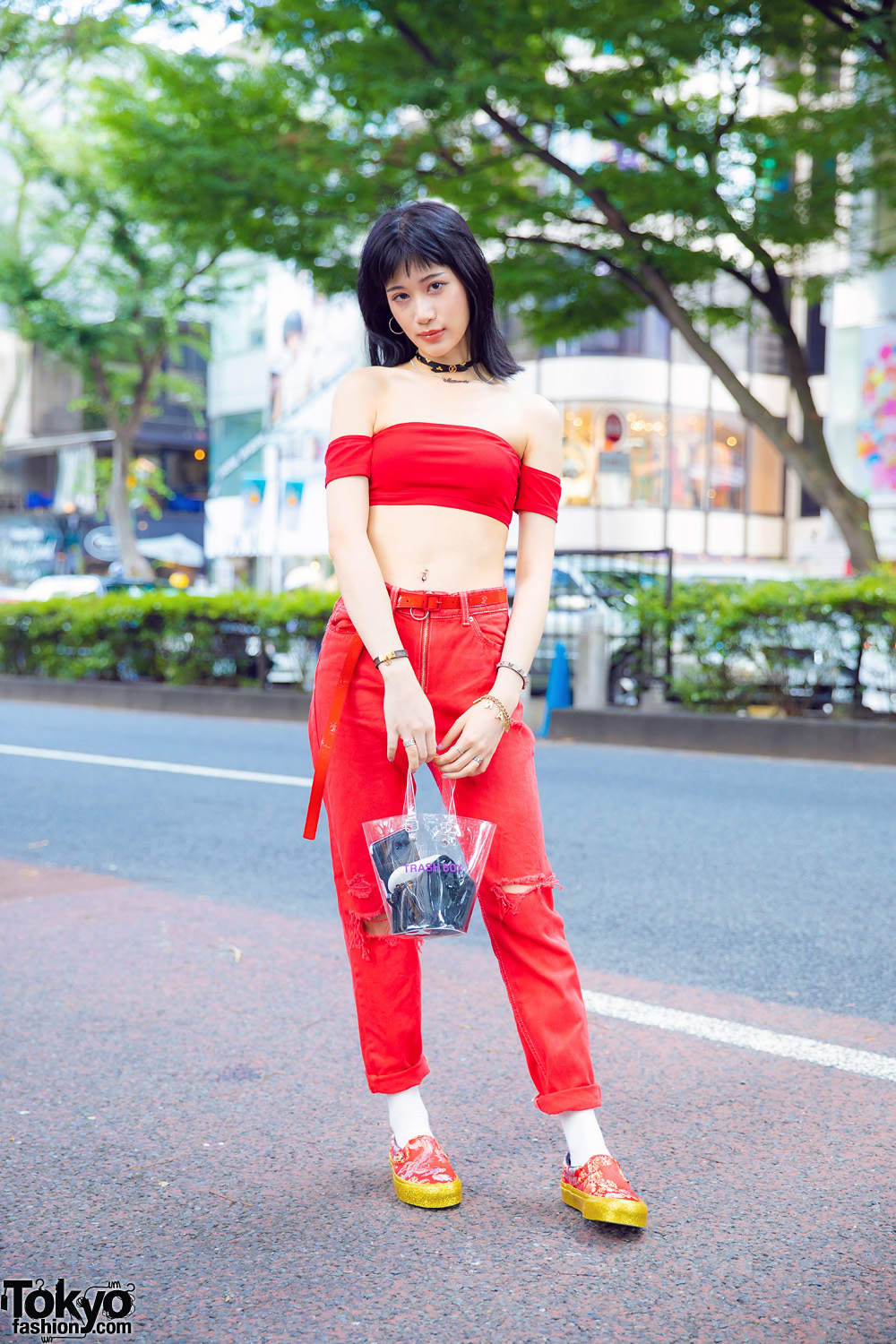 Harajuku Model in Vans x Opening Ceremony Qi Pao Sneakers, Mamacita Necklace, Crop Top & Nana-Nana Trash Box Bag