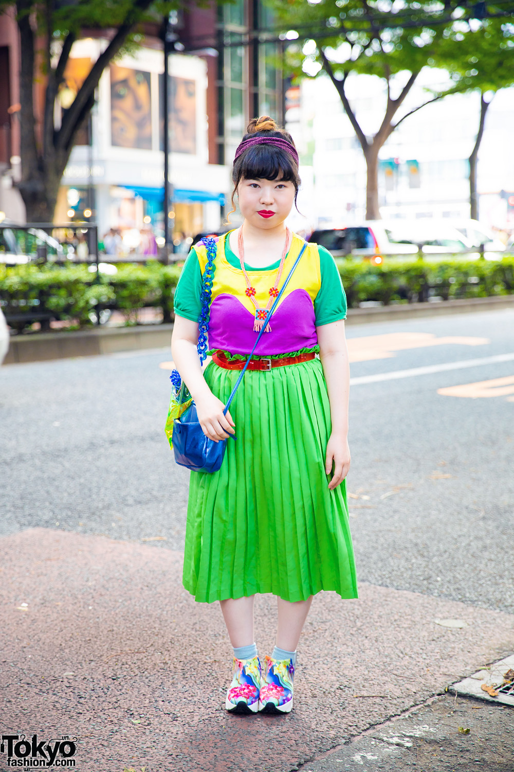 Green Pleated Skirt & Multicolored Floral Sneakers in Harajuku