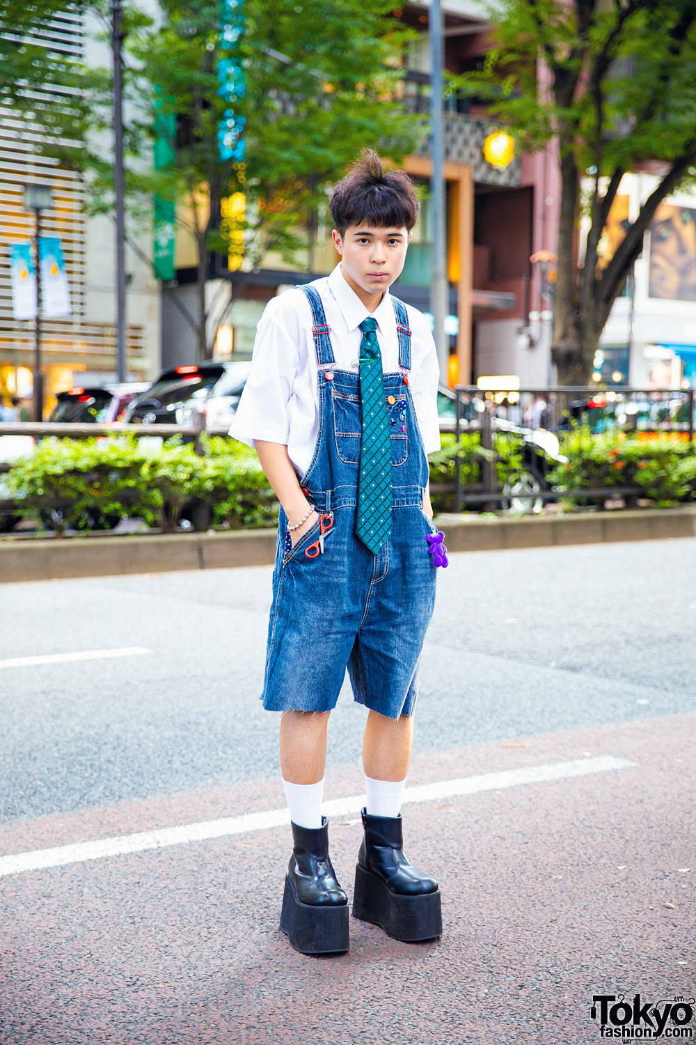 Harajuku Guy in Handmade Denim Overalls, Vintage Top & Funtasma Platform Shoes