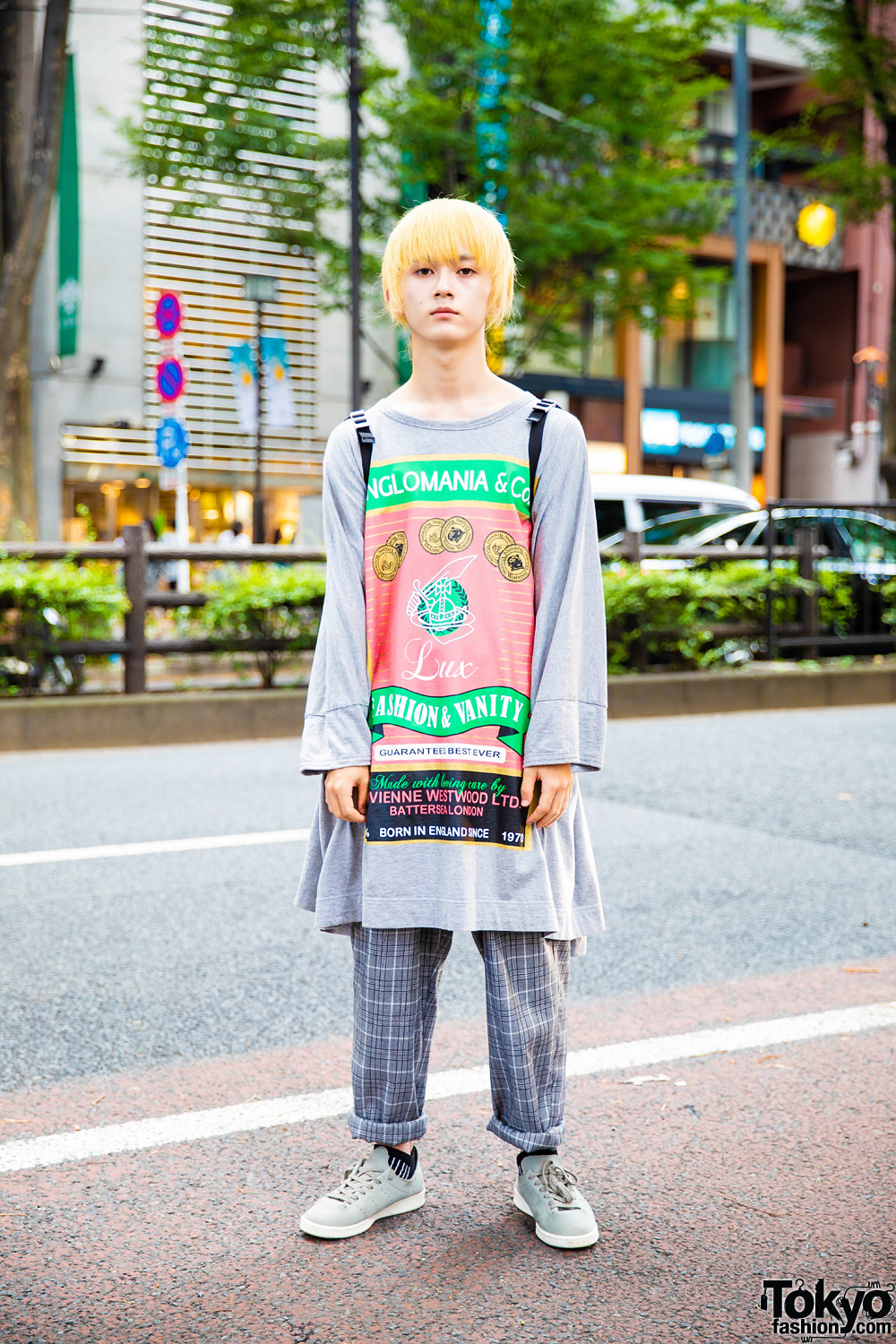Harajuku Guy in Tokyo Vintage Streetwear w/ Blond Hair, Vivienne Westwood Top, Plaid Pants & Prada Backpack