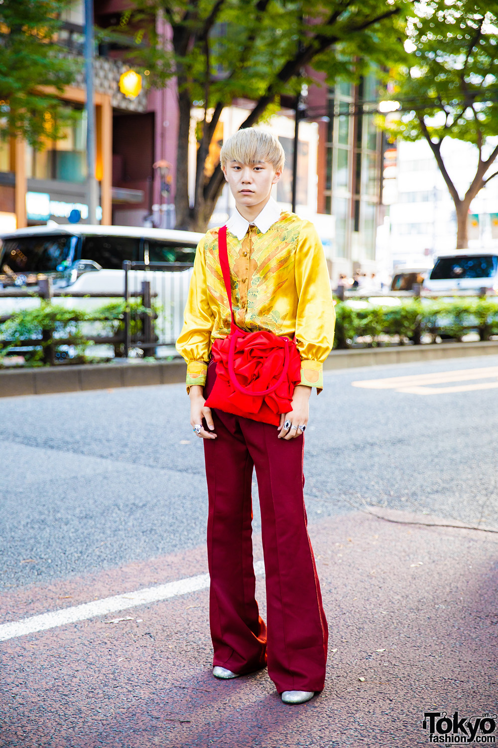 Yellow Printed Top, Lee Maroon Pants, Shin Red Bag & Maison Margiela Silver Shoes in Harajuku
