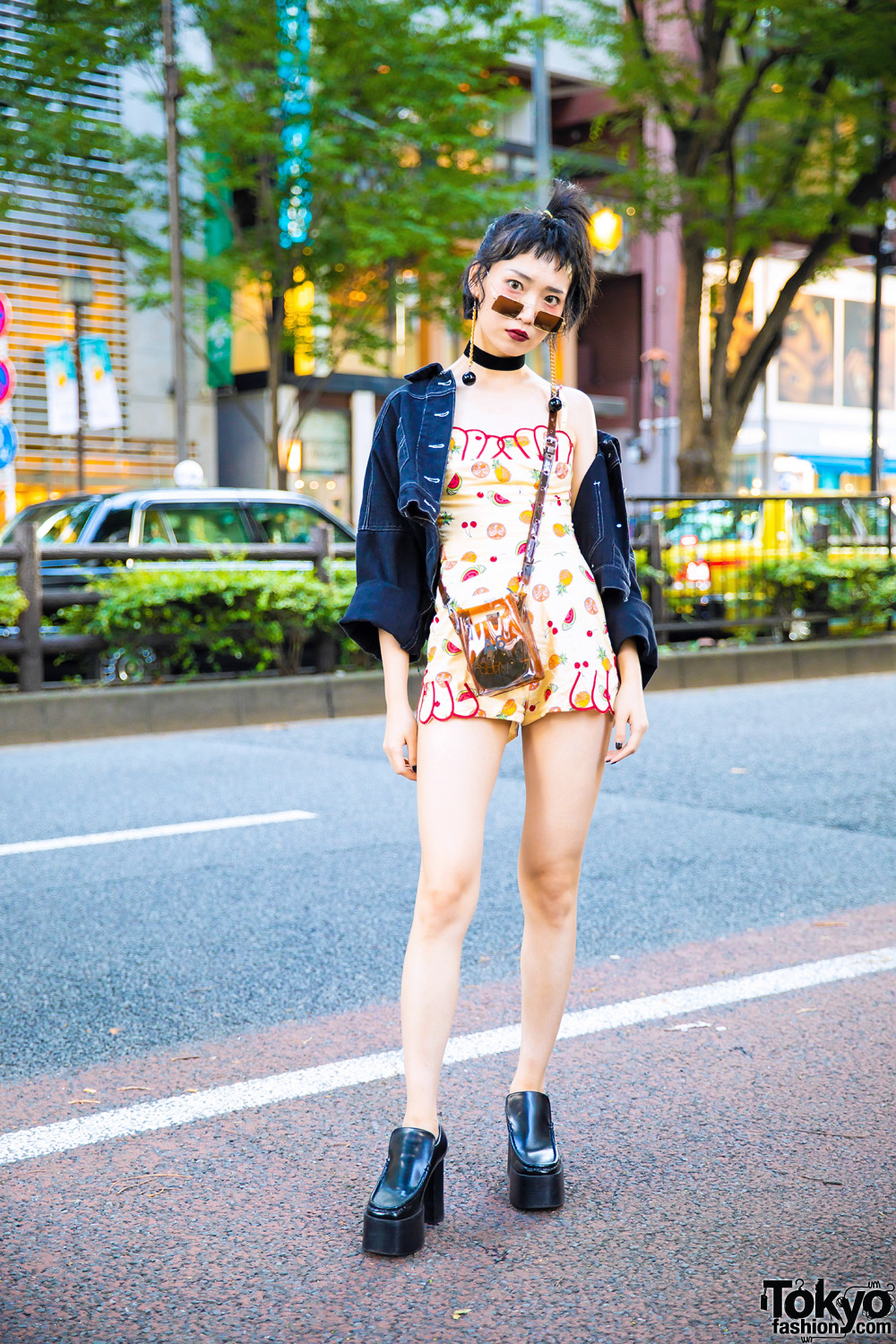 Harajuku Girl in Fruit Print Romper, Denim Jacket & Black Platform Boots