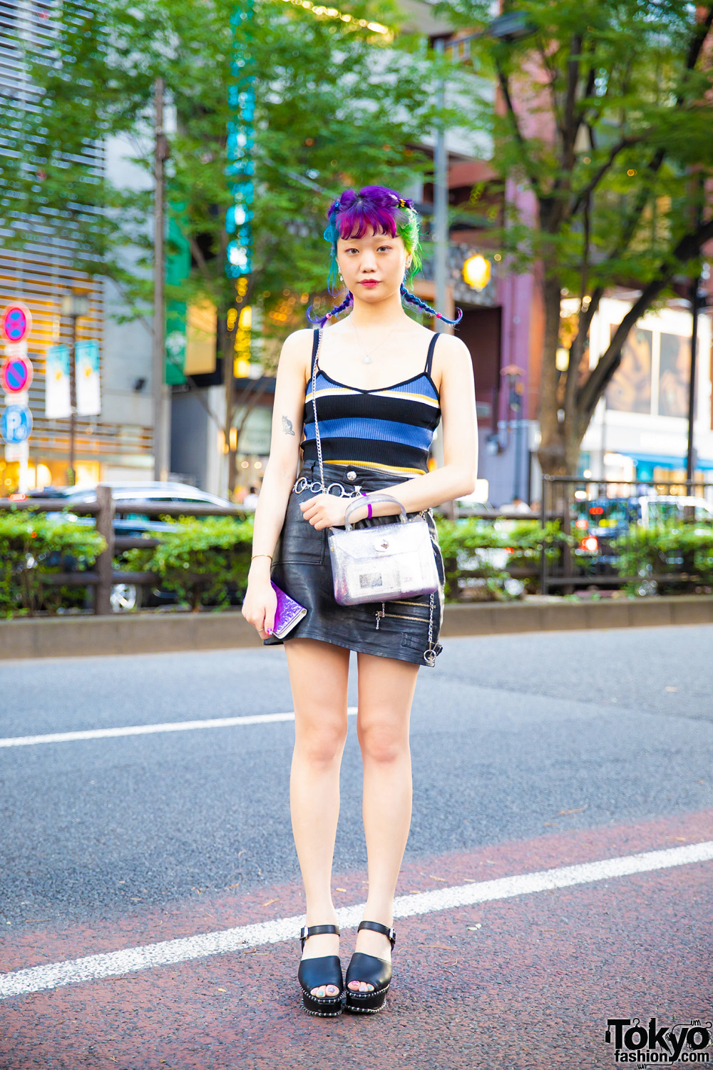 Harajuku Girl w/ Colorful Twin Braids, Striped Tank Top, Bubbles Black Leather Mini Skirt, WC Bag & Black Platform Sandals
