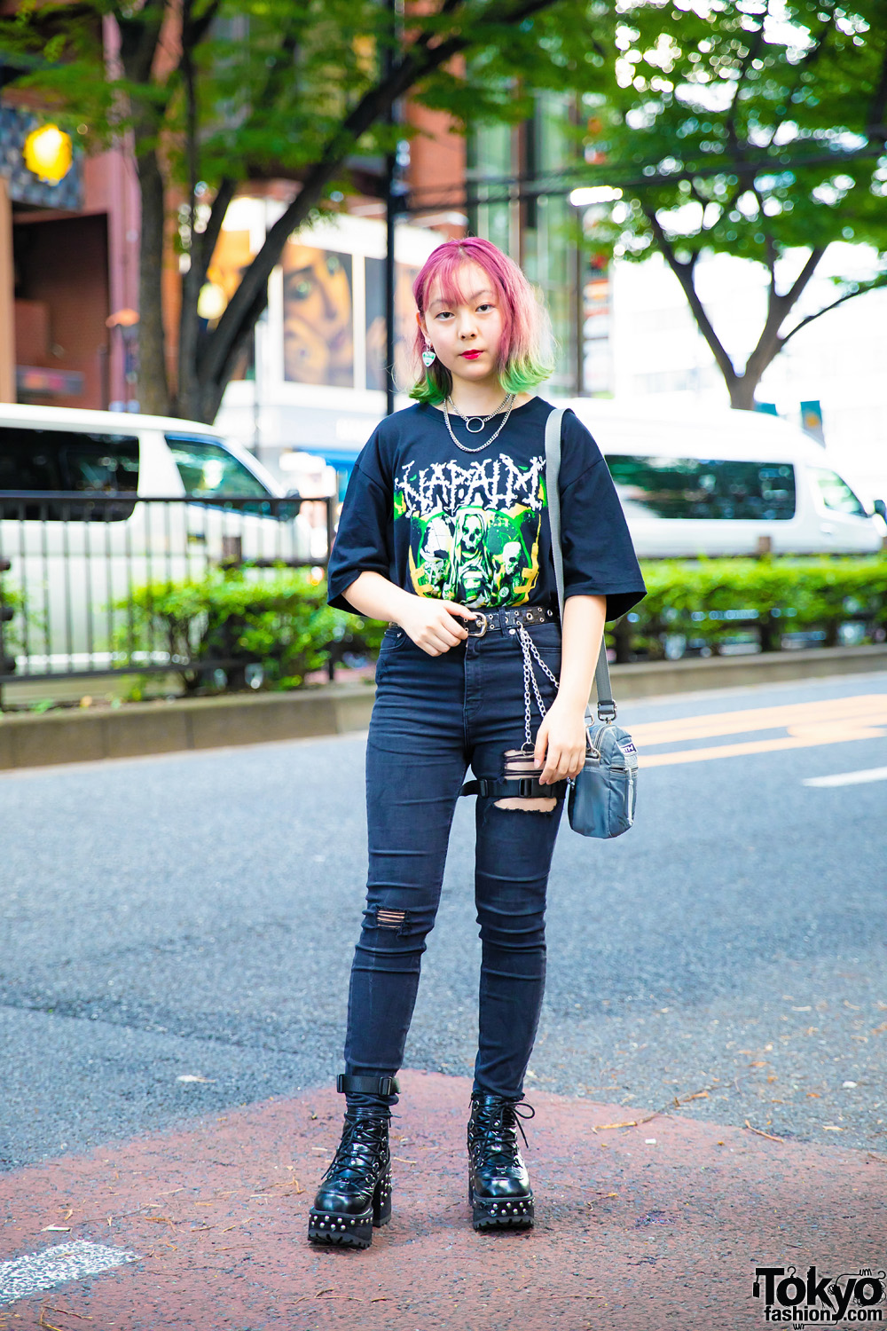 Harajuku Girl w/ Colorful Hair and All Black Vintage & Handmade Street Style