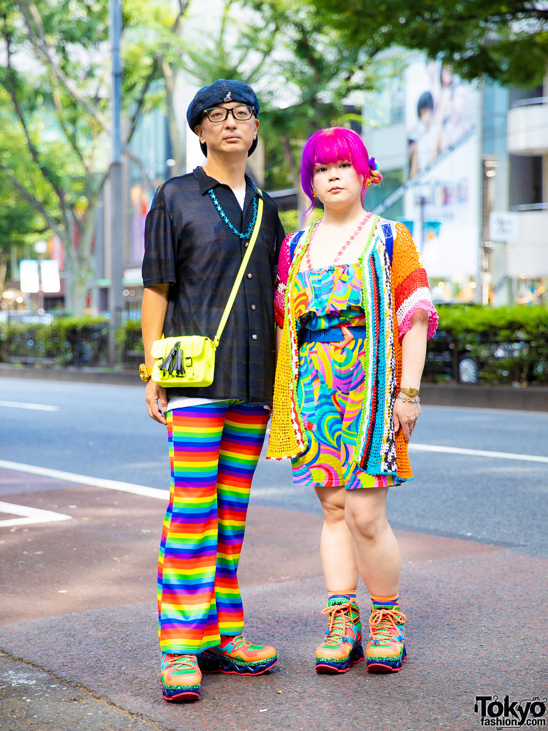 Kobinai Rainbow Pants, Chicago Multicolored Dress, Pinnap Tokyo Cardigan & Nincompoop Capacity Star Necklaces in Harajuku