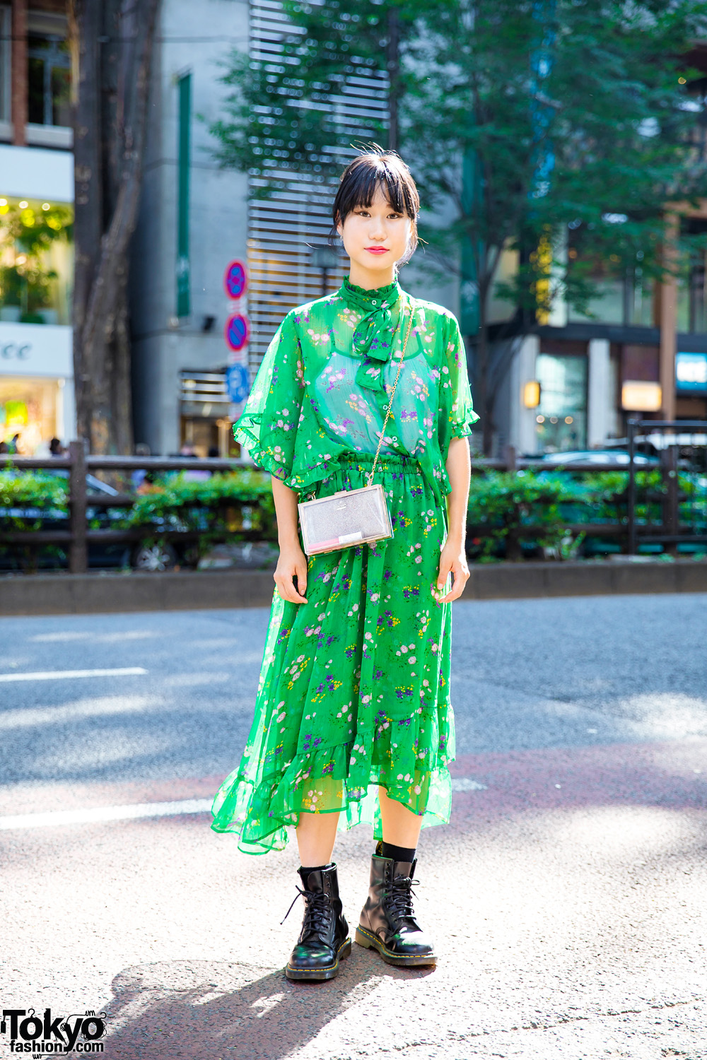 Harajuku Girl in Jouetie Green Floral Print Dress, Kate Spade Bag & Dr. Martens