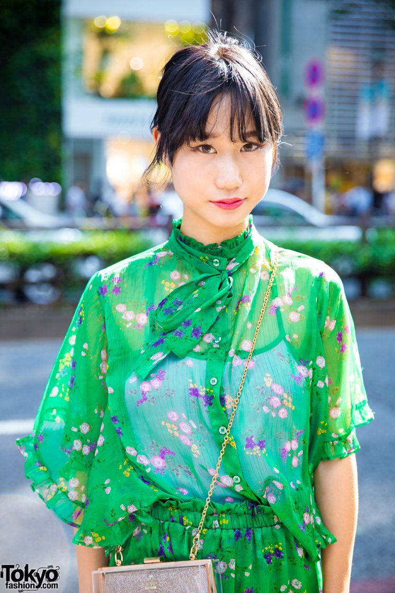 Harajuku Girl In Jouetie Green Floral Print Dress Kate Spade Bag And Dr Martens Tokyo Fashion