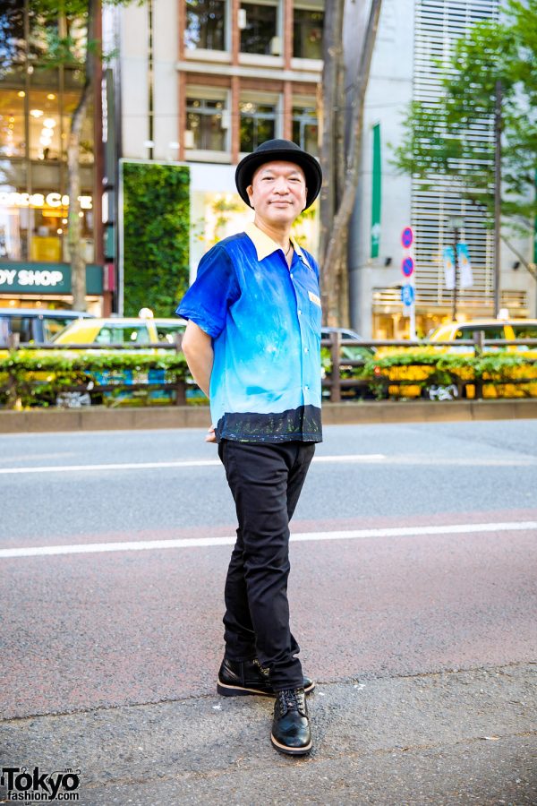 Harajuku Casual Streetwear w/ Sunsurf x Dora Ishikawa Printed Shirt, Hysteric Glamour Pants, Wingtip Boots & Boater Hat