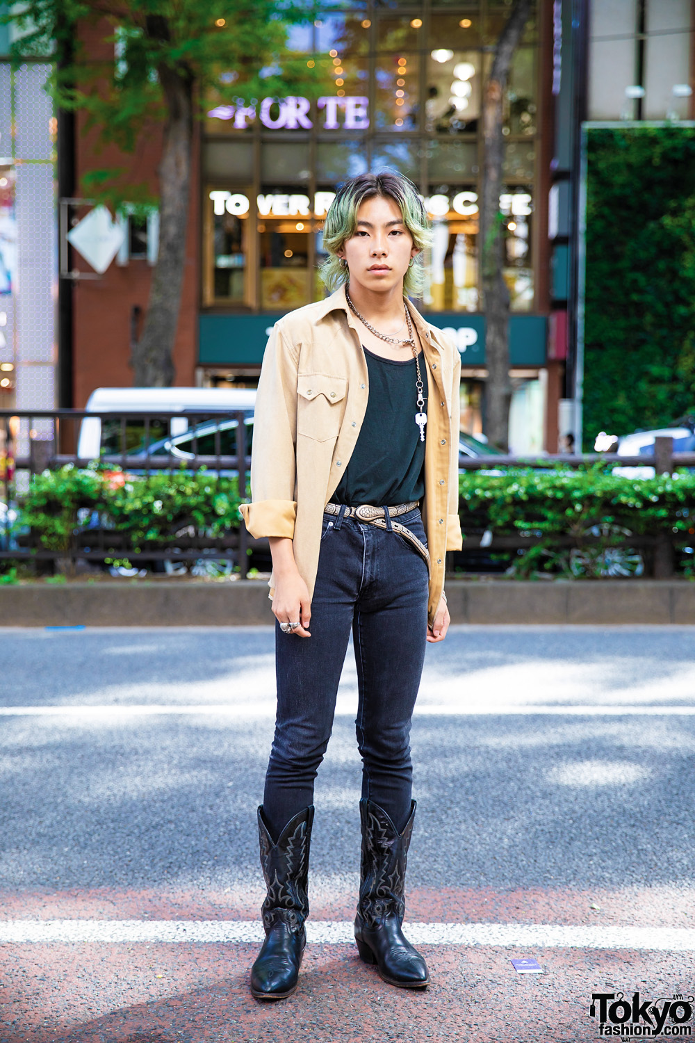 Tokyo Vintage Street Style w/ Black Cowboy Boots, Tan Jacket