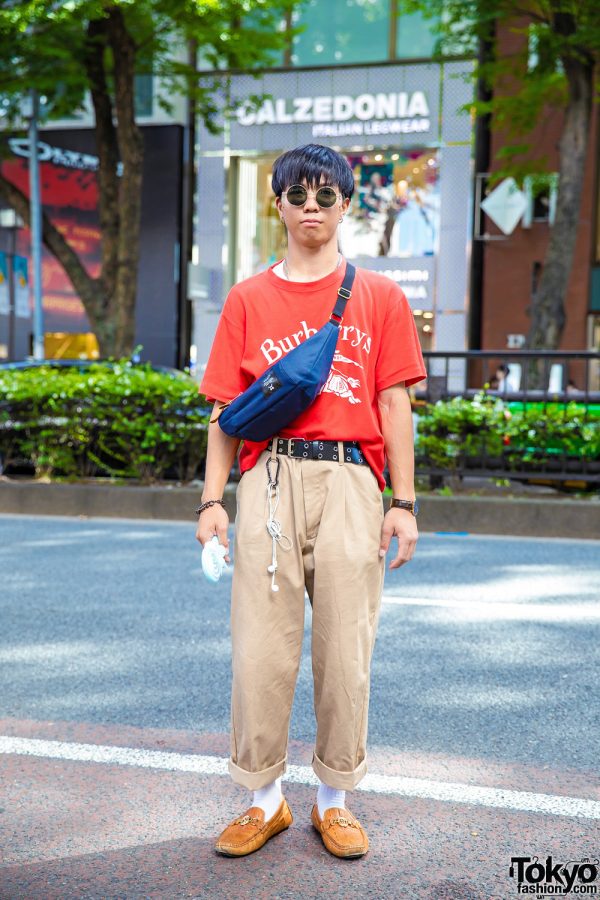 Burberry Red Shirt, WEGO Tan Pants, Anello Bag & Gucci Brown Leather Loafers in Harajuku