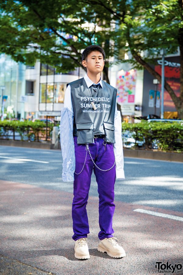 Harajuku Guy Streetwear Style w/ More Than Dope Vest, Remake Top, Purple Pants & Eytys Shoes