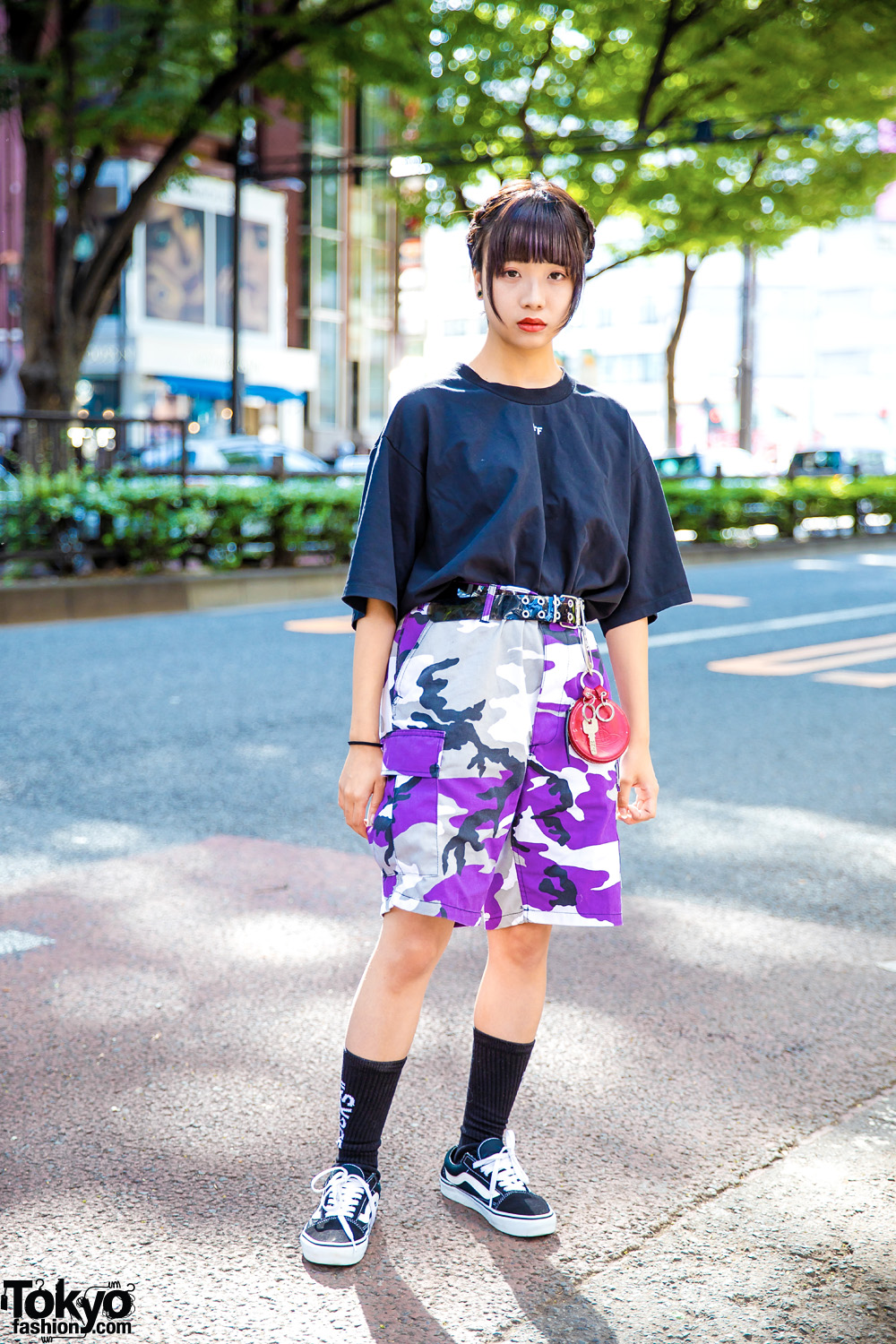 Harajuku Casual Street Style w/ Off-White Shirt, Rothco Purple Camouflage Print Shorts & Vans Sneakers