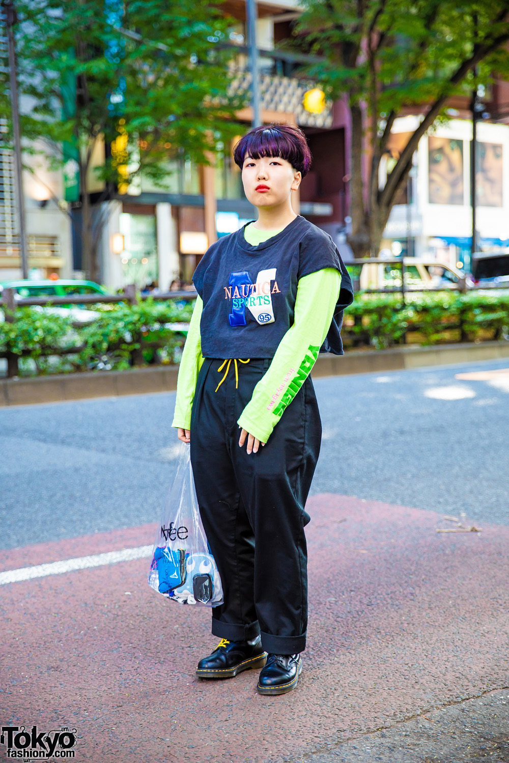 Beauty School Student's Harajuku Street Style w/ Nautica Sports, Neon Green Sweatshirt, Dickies, Dr. Martens & SHINee Bag