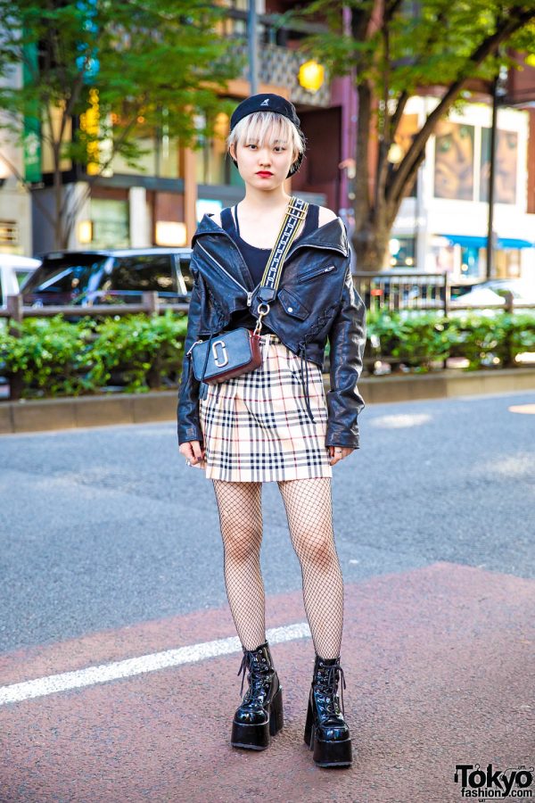 Harajuku Girl Street Style w/ Snidel Leather Jacket, Burberry Plaid Skirt, Never Mind the XU & Marc Jacobs