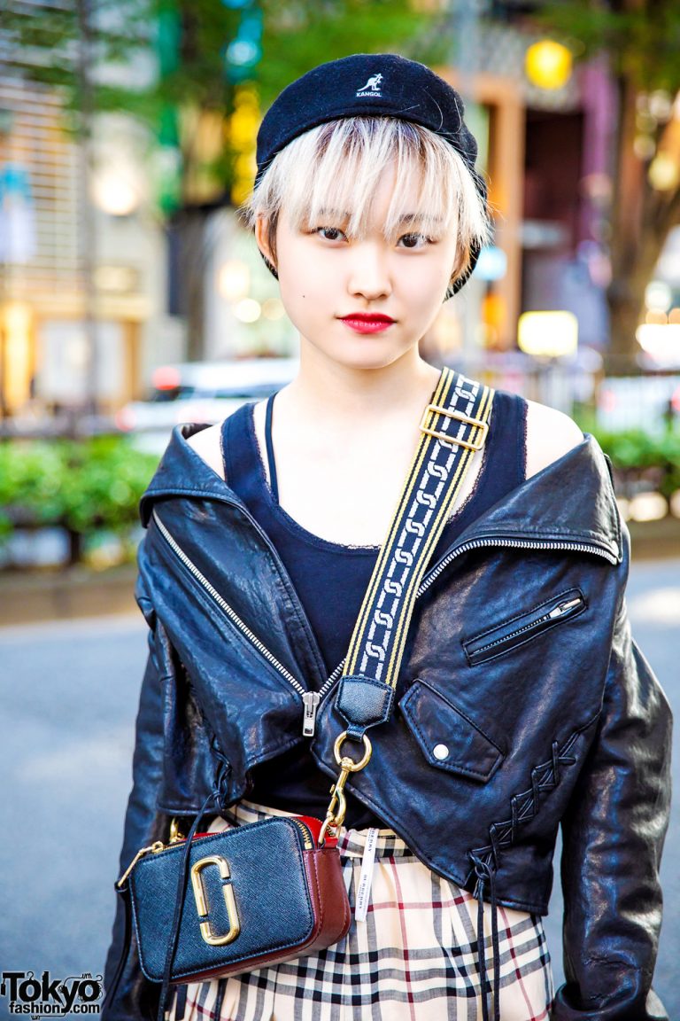 Harajuku Girl Street Style w/ Snidel Leather Jacket, Burberry Plaid ...