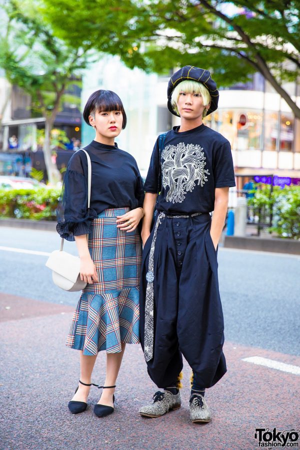 Japanese Duo’s Chic Streetwear w/ Azul By Moussy Flap Bag, Christopher Nemeth Outfit, Fifth Ruffle Blouse, Plaid Mermaid Skirt & D’Orsay Flats