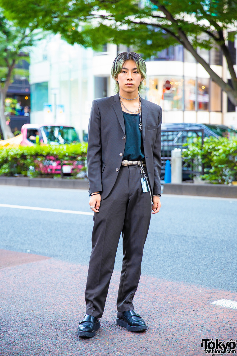 Tokyo Vintage Menswear Street Style w/ Grey Pinstripe Suit, Chain Necklace & Foot The Coacher Monk Strap Shoes