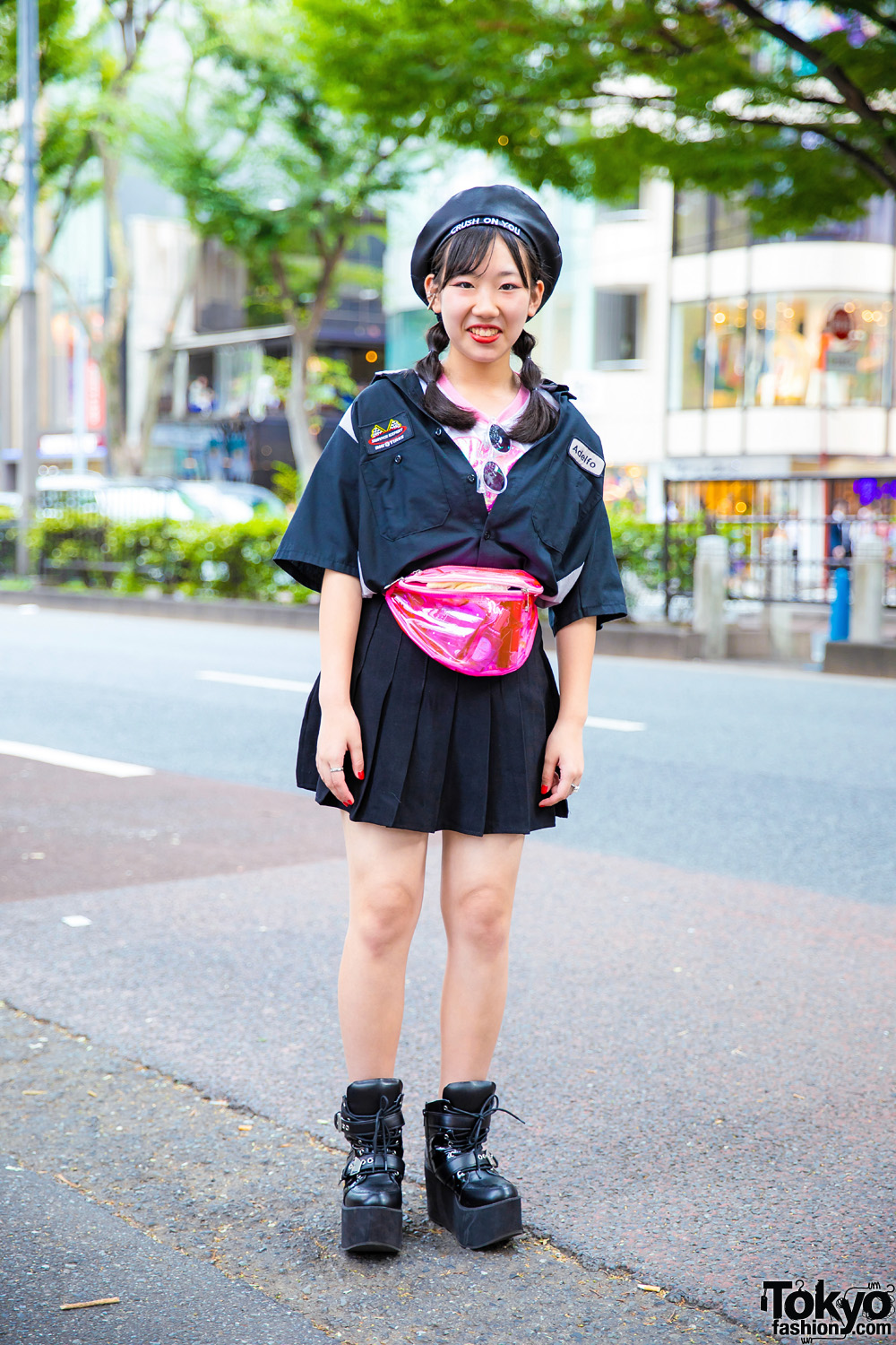 Harajuku Girl in Sevens & Yosuke Streetwear Style w/ Leather Beret, Pink Waist Bag & Buckled Boots