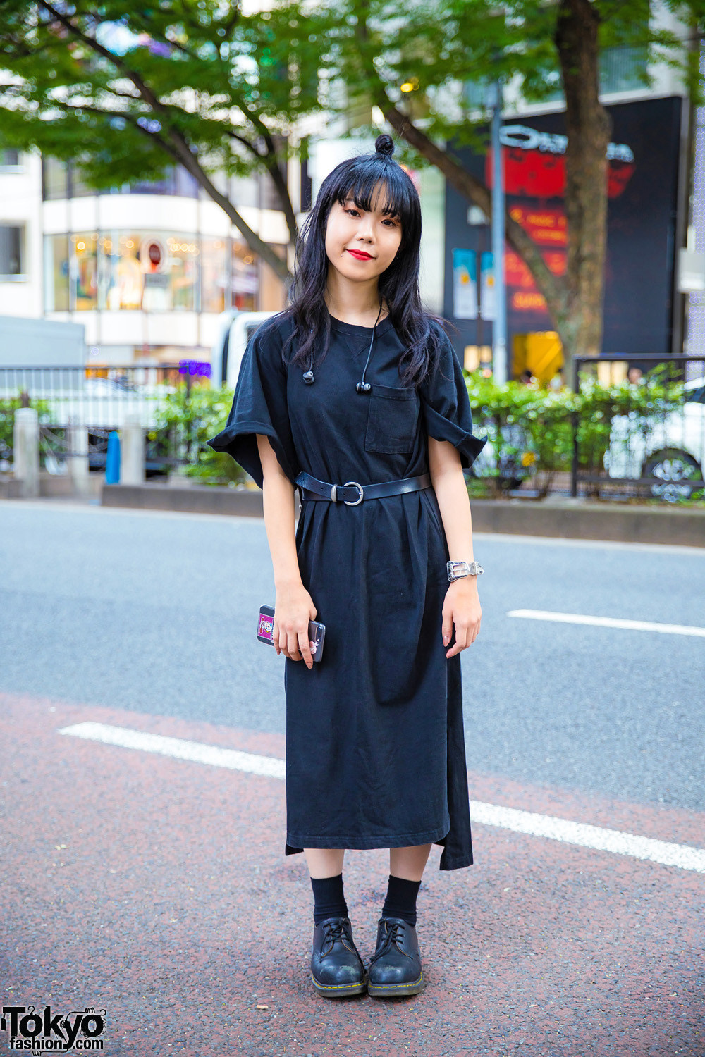 Japanese Makeup Artist in All Black Street Style w/ Jouetie Dress, Dr. Martens Shoes, Prada Backpack & Bubbles Cuff