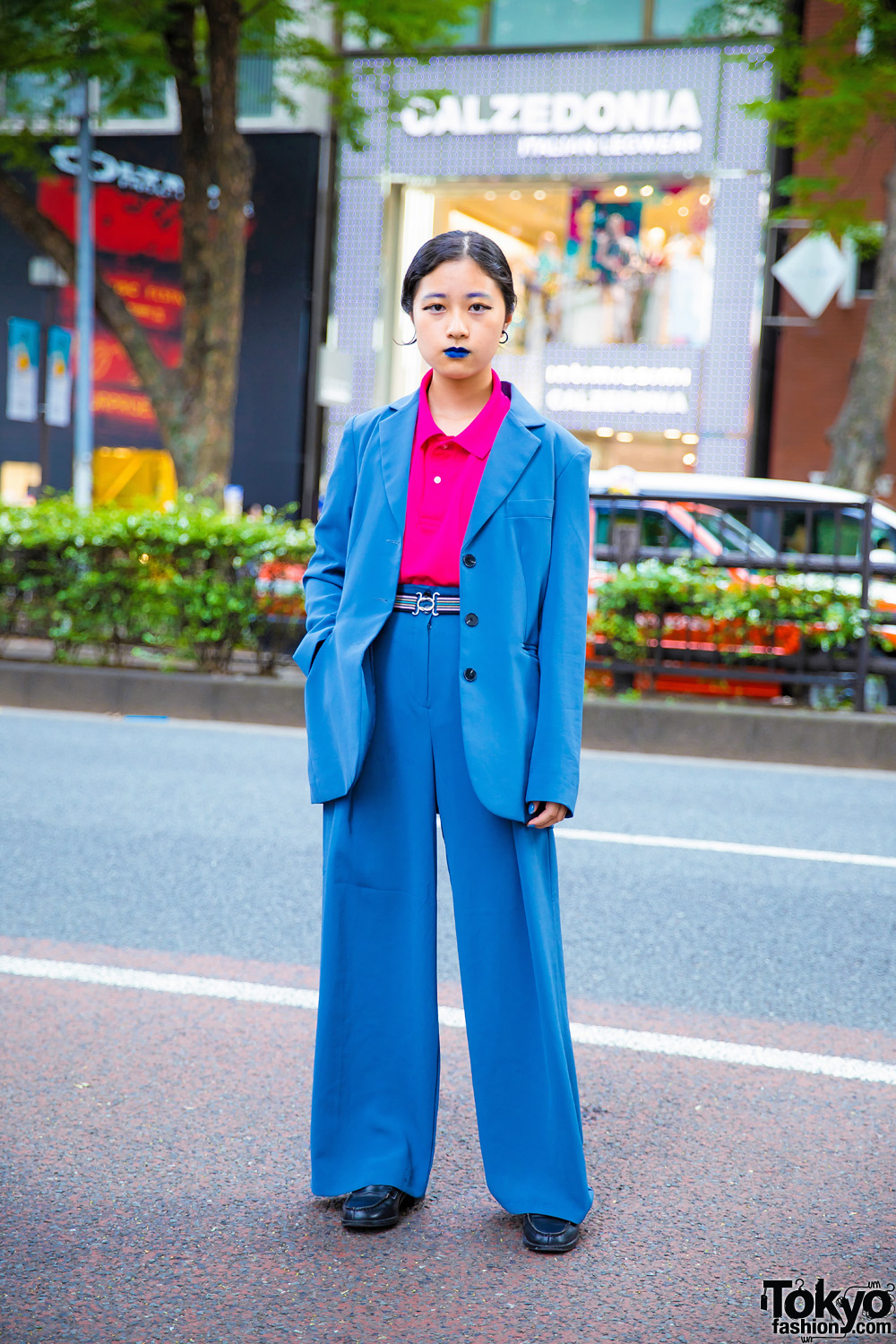Harajuku Girl in Vintage Menswear & Matching Blue Lipstick Street Style