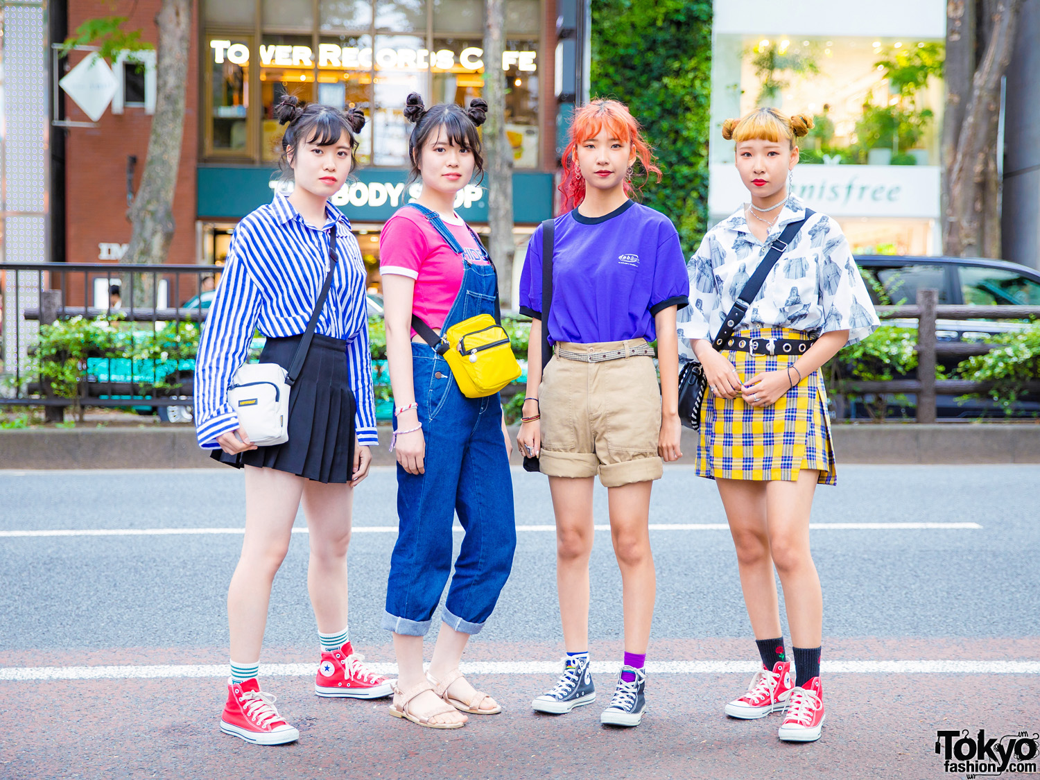 Japanese Teen Girls Street Styles & Matching Twin Buns Hairstyles, Kipling Bag & Converse Sneakers