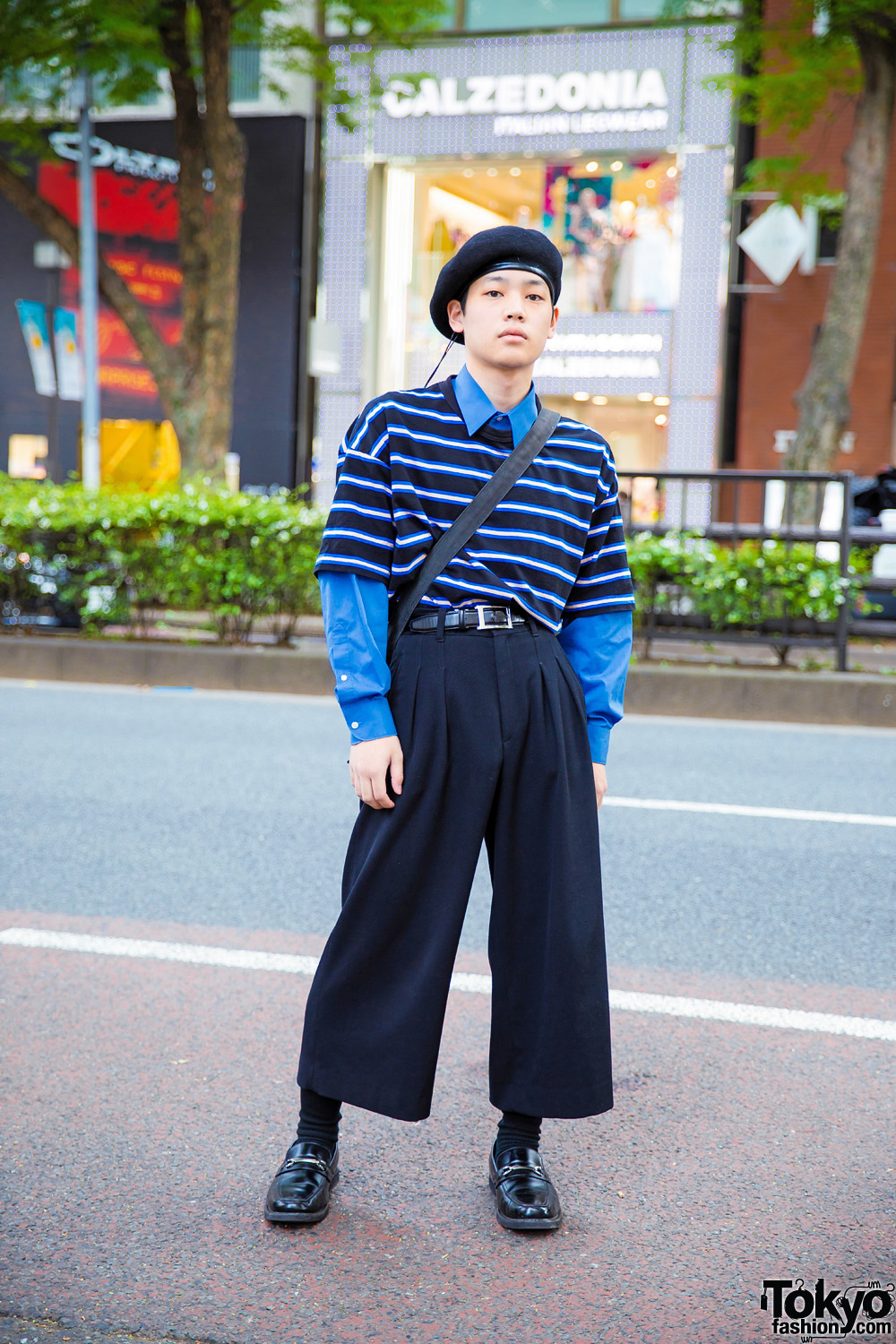Parisian-Inspired Harajuku Street Style w/ Black Beret, Van Heusen Striped Top, JW Anderson Pants & Porter Bag
