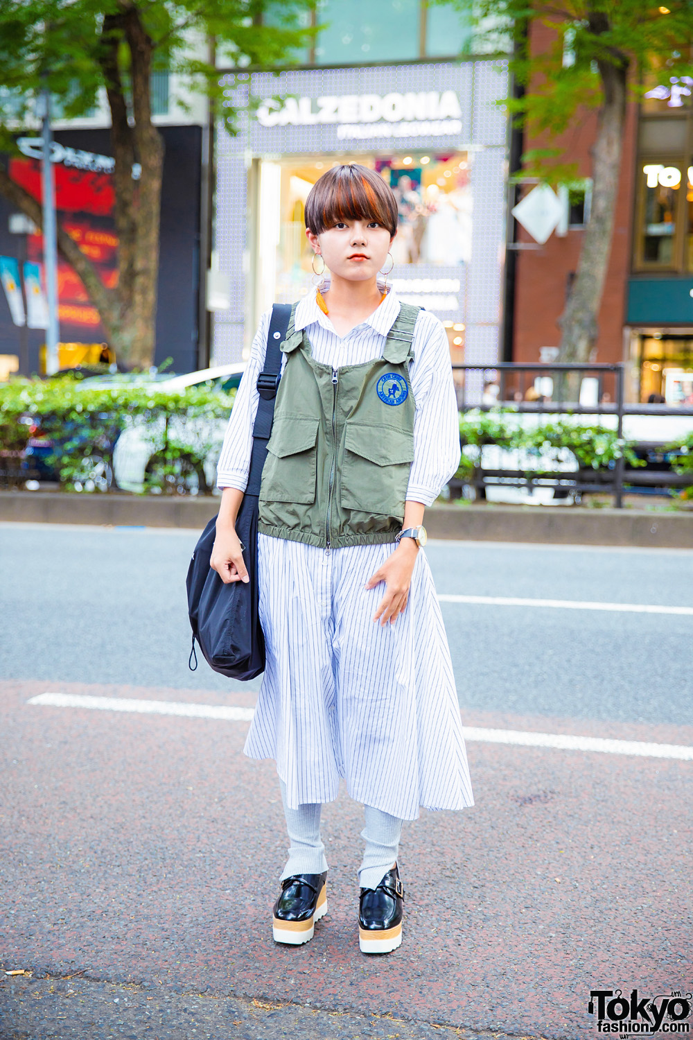 Harajuku Girl in Green Utility Vest & Striped Dress Tokyo Street Style