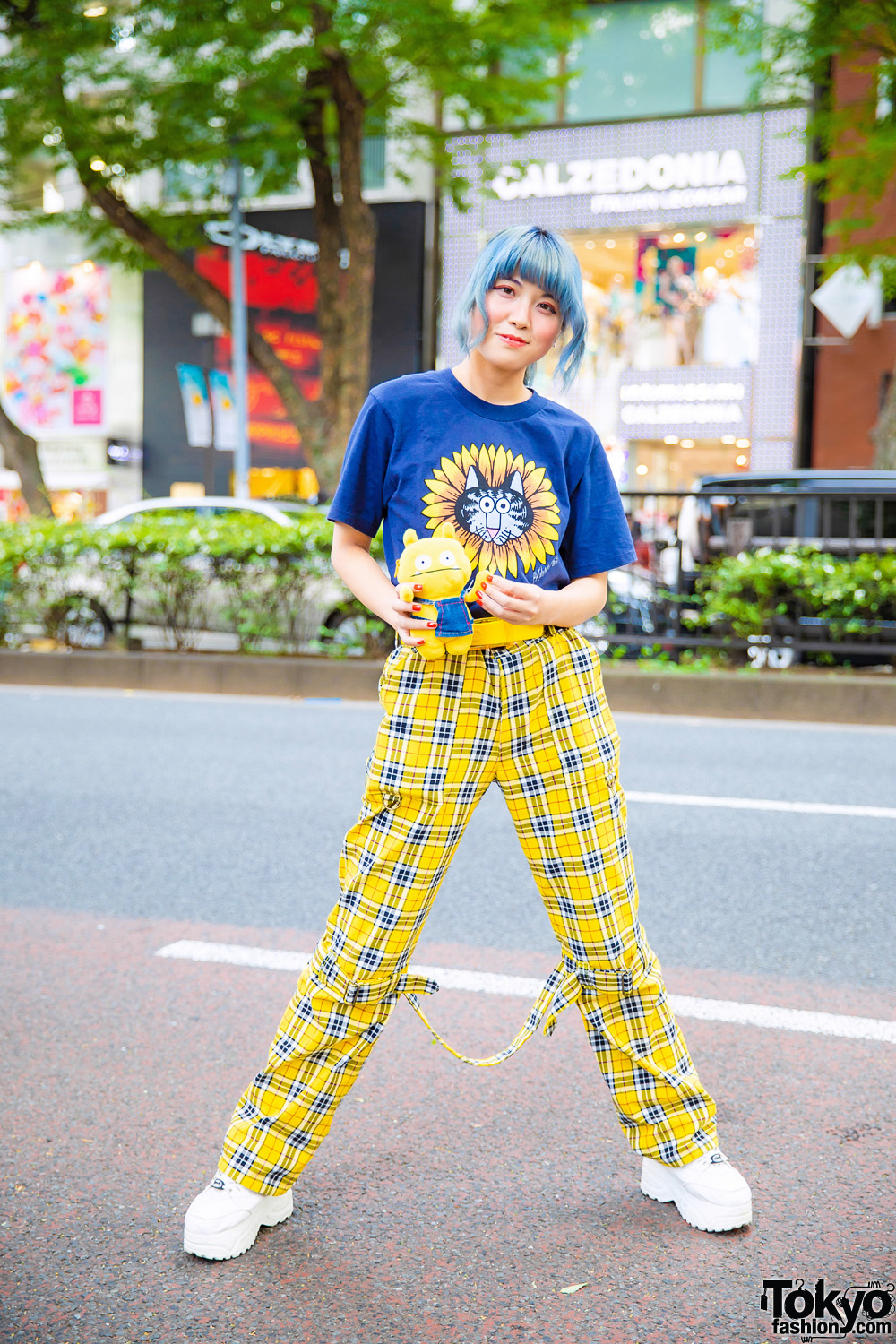 Blue-Haired Harajuku Girl w/ Plush Ugly Doll, One W Oh Top, Yellow Plaid Pants & Yosuke Sneakers