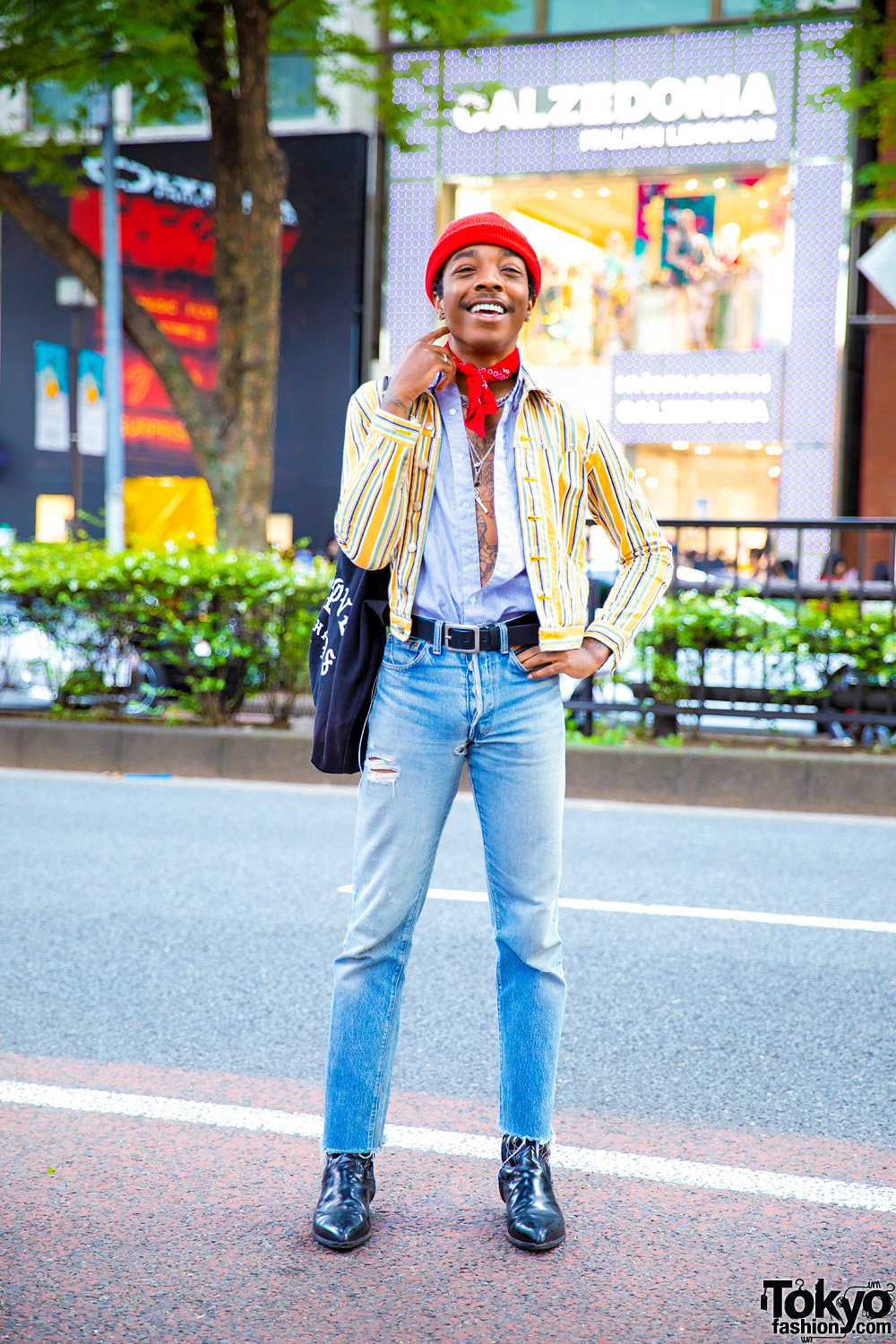 Tokyo-Based Designer in Ripped Jeans & Mixed Prints Streetwear Style w/  Hysteric Glamour, Maison Margiela, Levi's, Big Love Records, Saint Laurent  & Oz Abstract – Tokyo Fashion