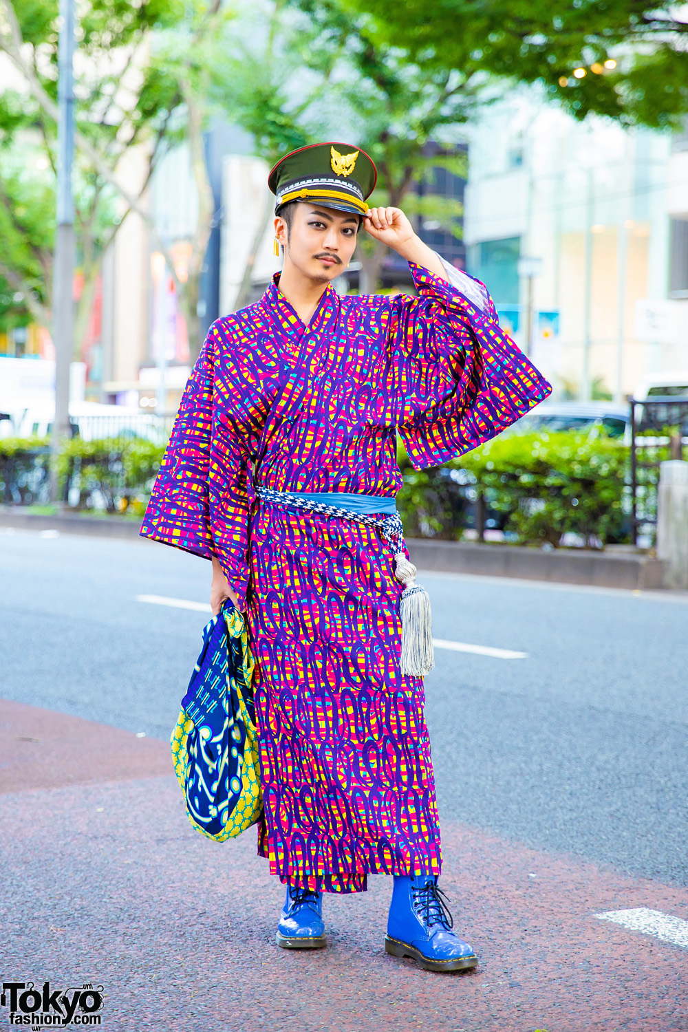 Japanese Musician in Robe Japonica Yukata, Military Hat & Dr. Martens