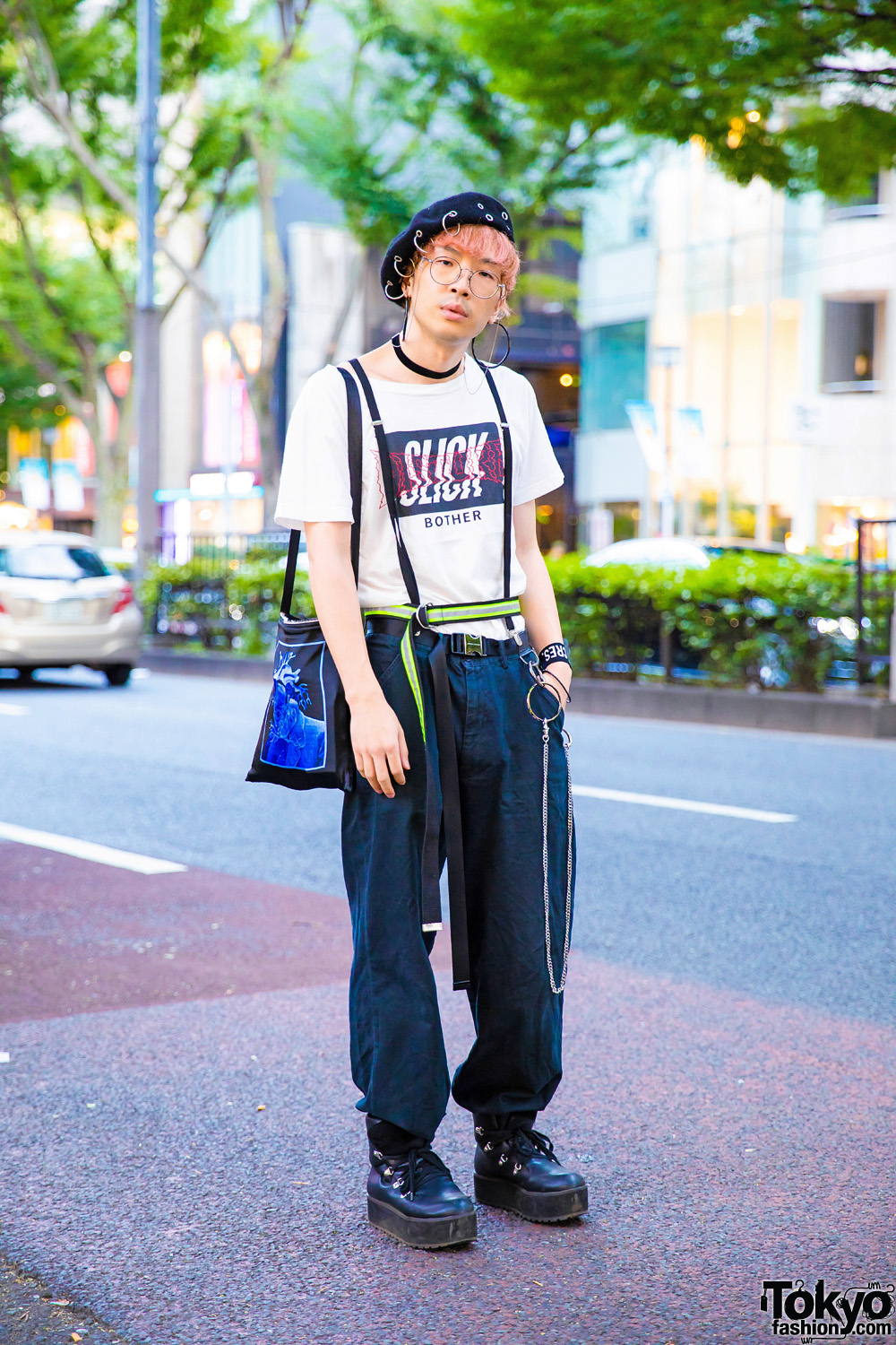 Monochrome Harajuku Street Style w/ Pink Hair, O-Ring Beret, Slick T-Shirt, Suspenders & Layered Belts
