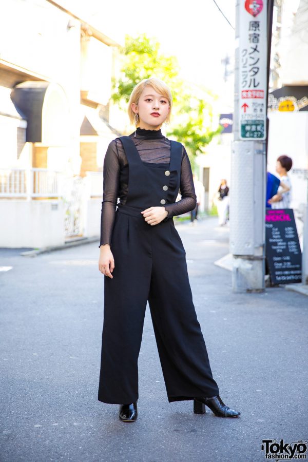 Chic All Black Minimalist Streetwear in Harajuku w/ Sheer Top, Wide-Leg Jumpsuit, Heeled Boots & Geometric Earrings