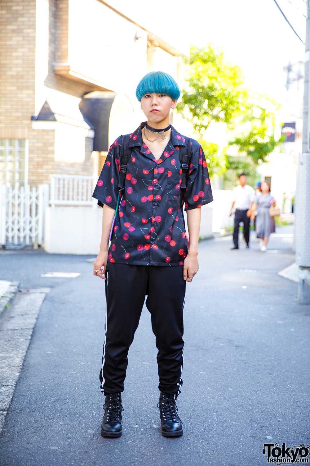 Black Harajuku Cherry Print Street Style w/ Blue Bob, Swimmer, HellCat Punks, WC Cherry Shirt, & Thrasher Backpack