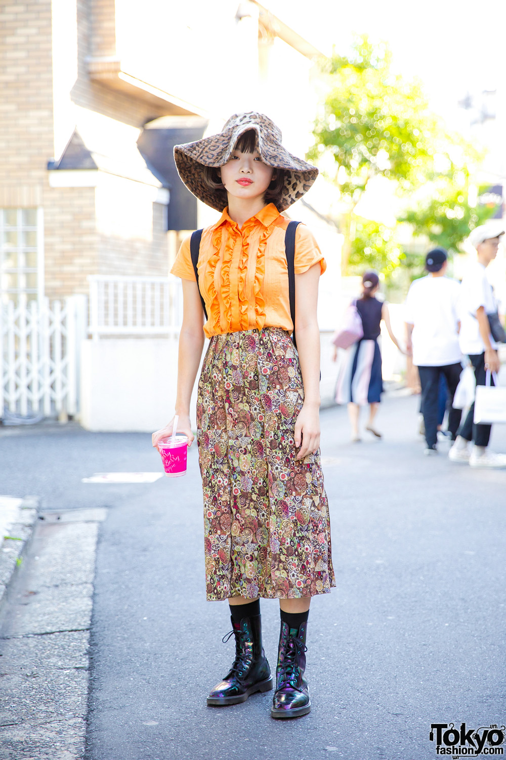 Retro Harajuku Style w/ Ruffle Blouse, Printed Skirt, Dr. Martens Psychedelic Boots, Embroidered Backpack & Floppy Hat