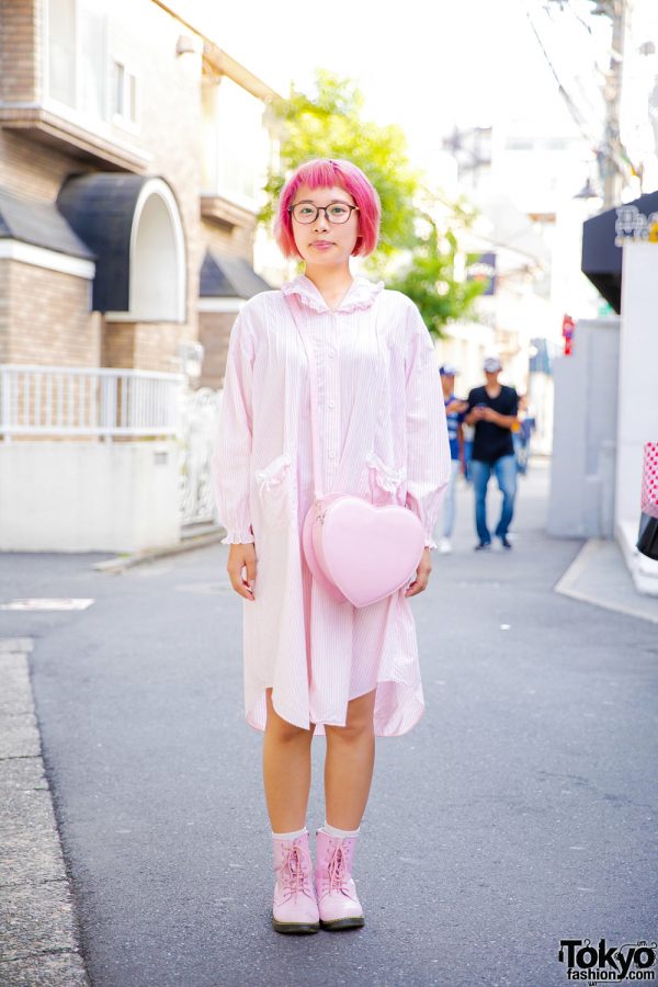 All Pink Harajuku Streetwear w/ Pink Bob, Striped Shirt Dress, Pink Boots & Heart-Shaped Crossbody Bag