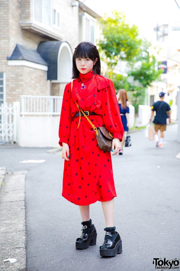 Harajuku Vintage Street Style w/ Polka-Dot Dress, Oh Pearl, Kinji, Louis Vuitton Bag, Bubbles Open-Toe Heels