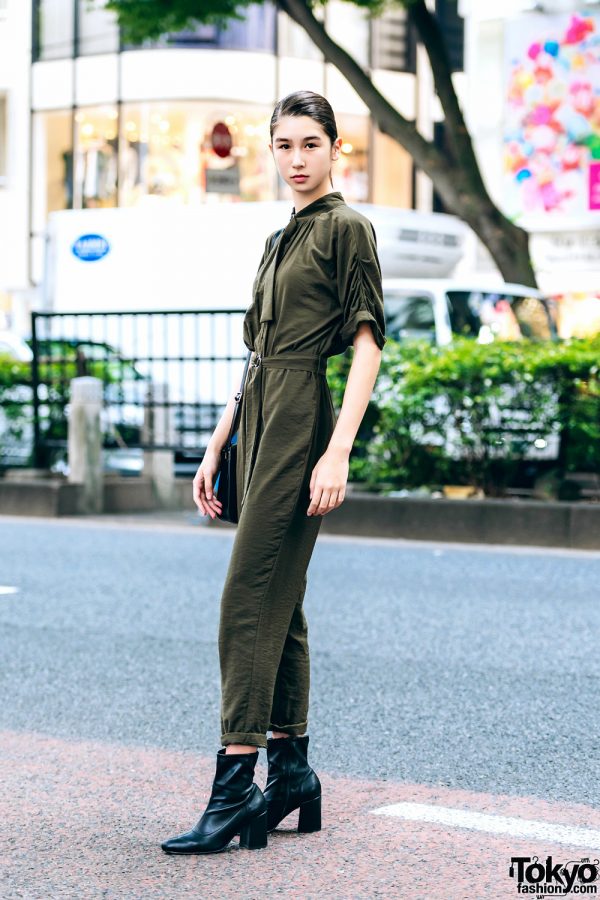 Japanese Fashion Model Jaycee in Harajuku w/ Olive Green Jumpsuit & Heeled Boots