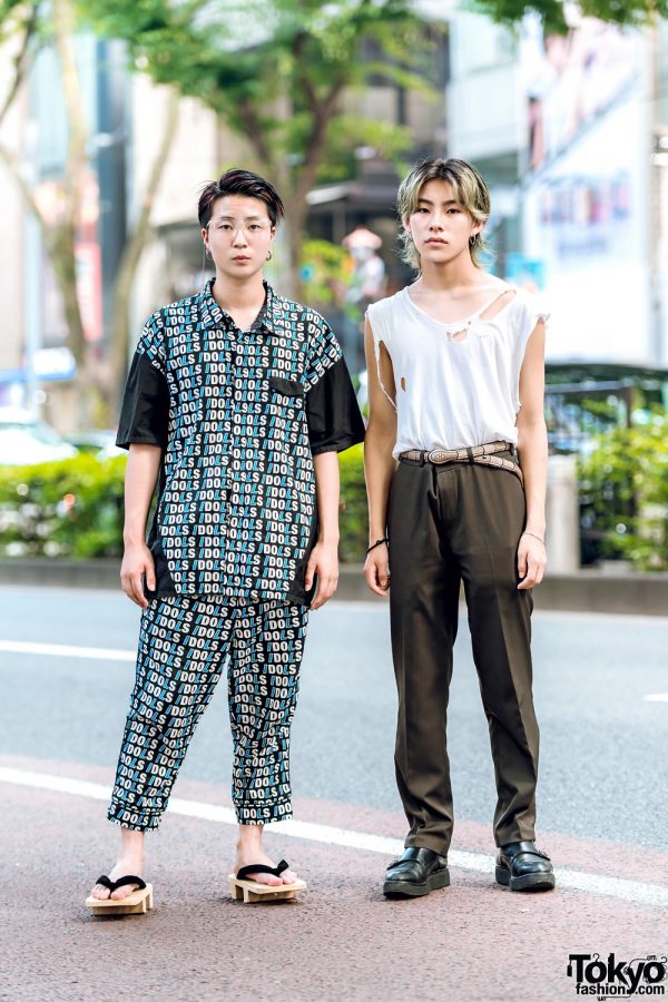 Harajuku Street Styles w/ Kidill IDOL Print Outfit, Geta Sandals, Ripped Shirt & Foot The Coacher Leather Shoes